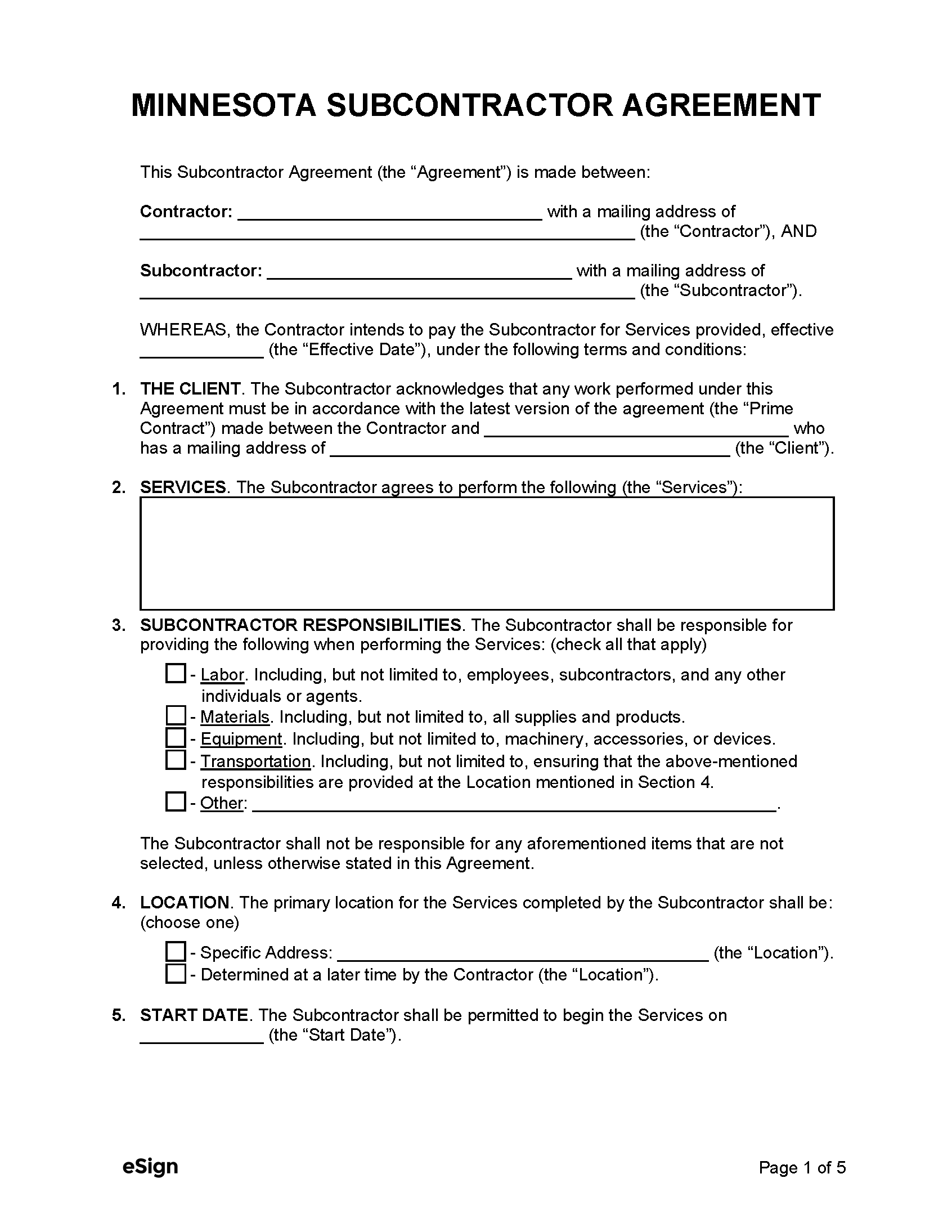 Free Minnesota Subcontractor Agreement PDF Word