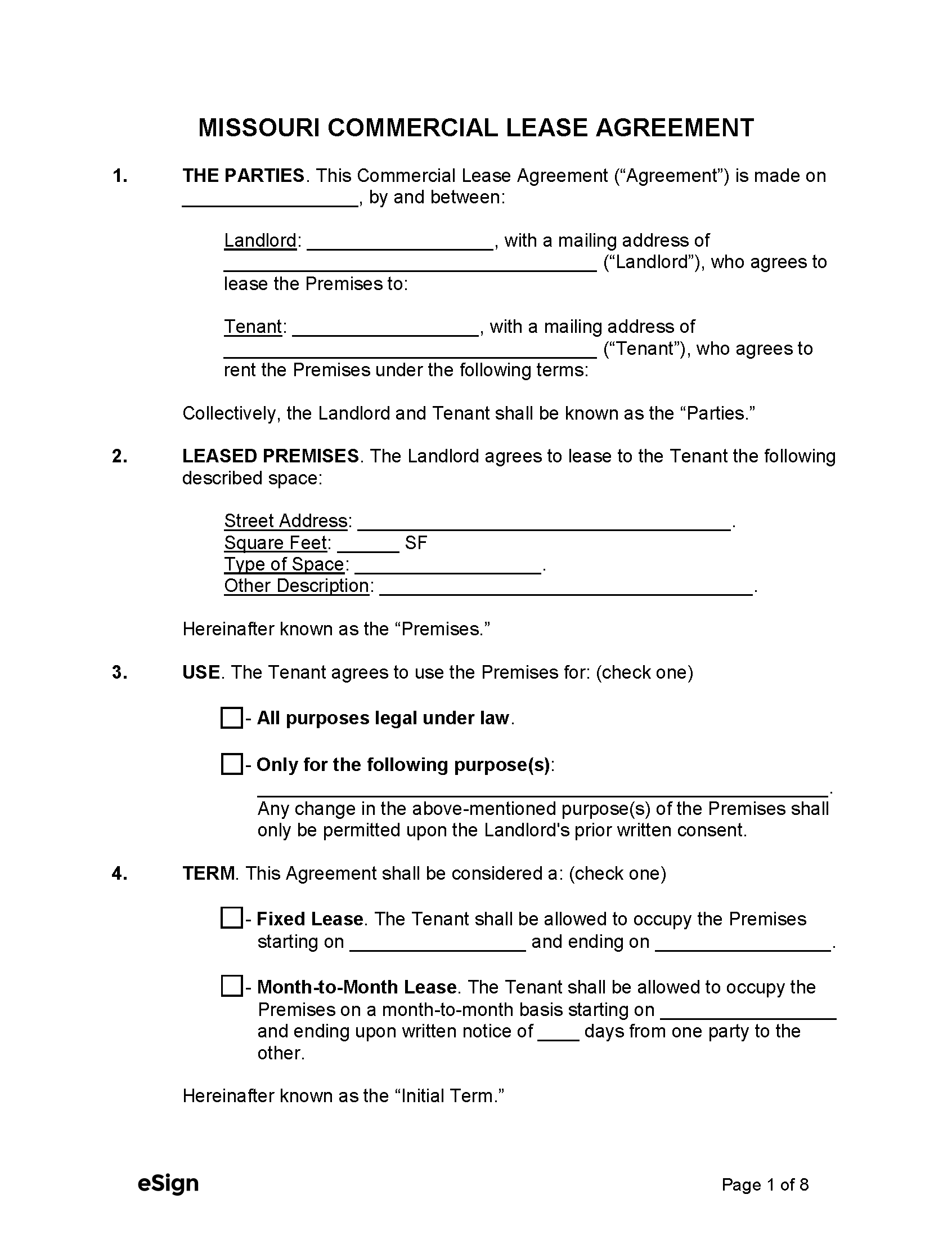 Free Missouri Commercial Lease Agreement Template PDF Word