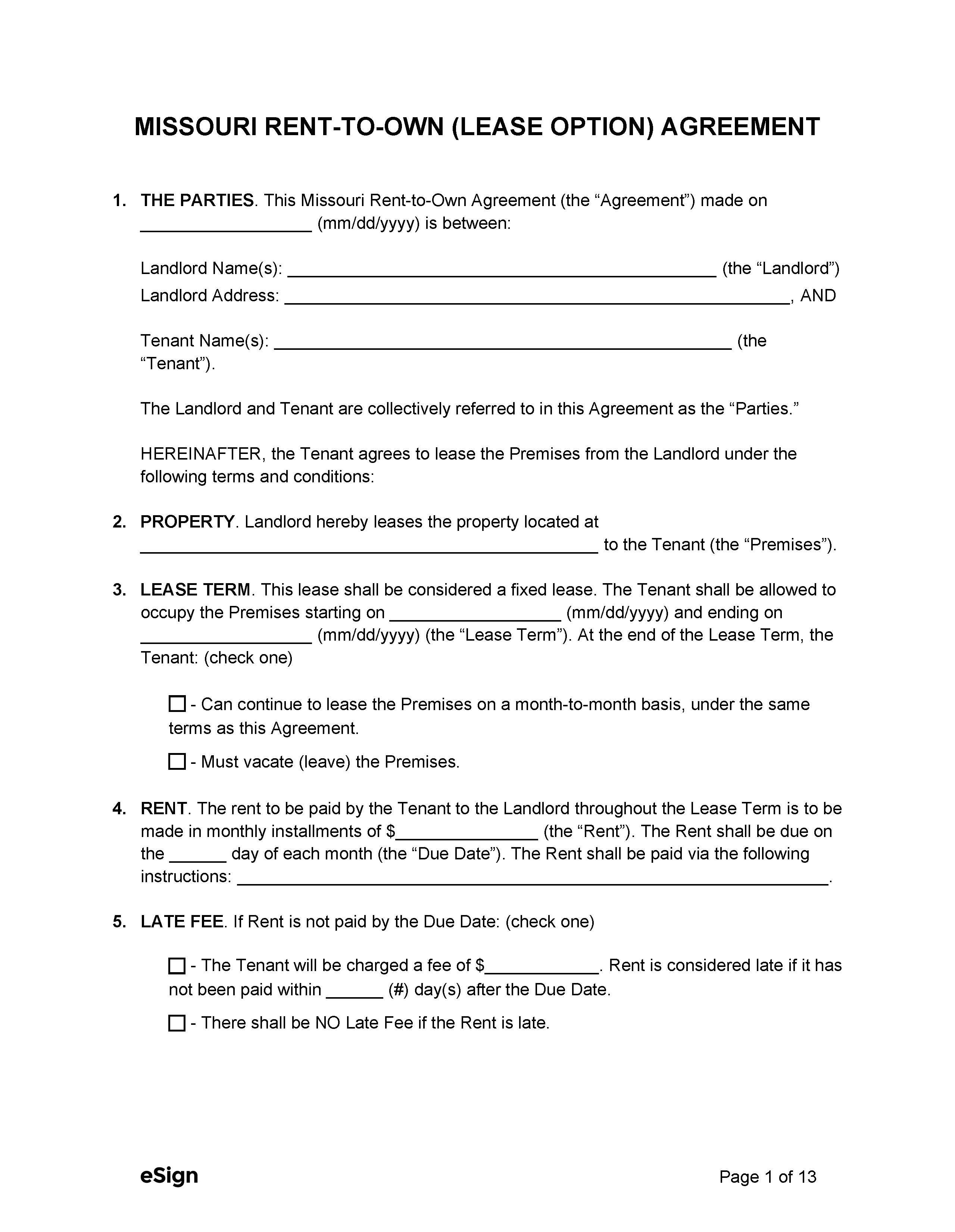 Free Missouri RenttoOwn (Lease Option) Agreement PDF Word