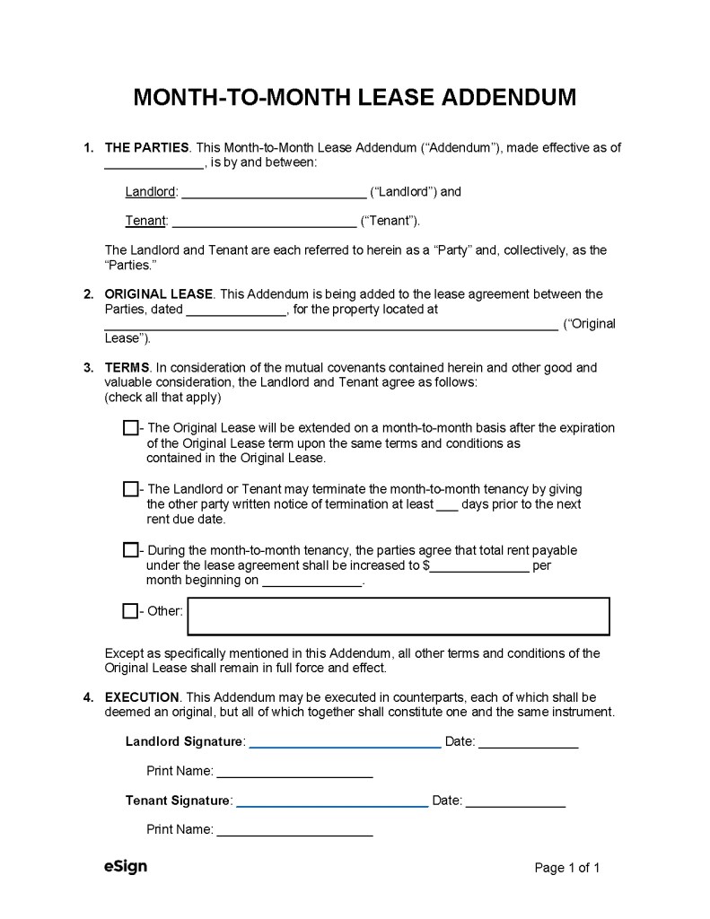 Free MonthtoMonth Lease Addendum Template PDF Word