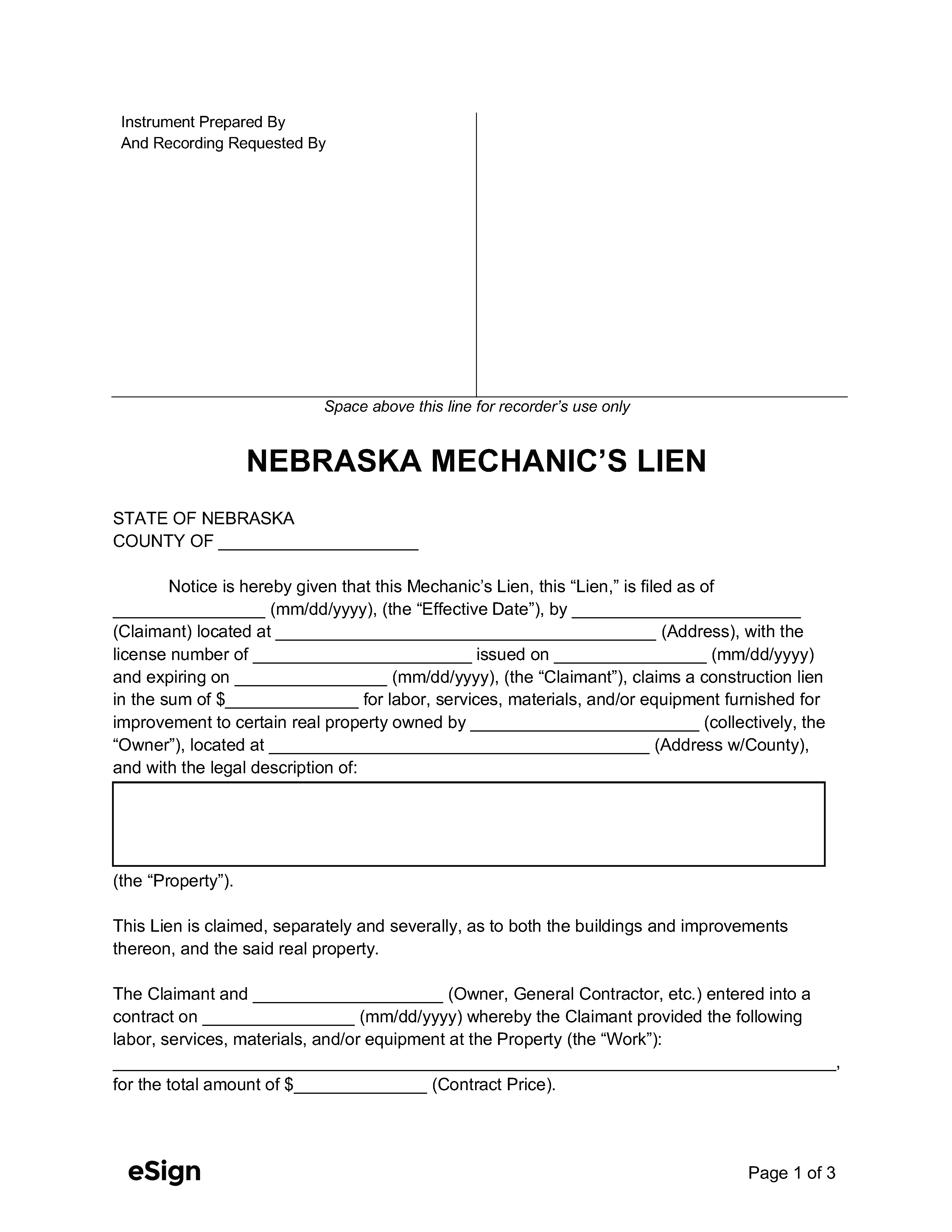 Free Nebraska Mechanic's Lien Form PDF Word