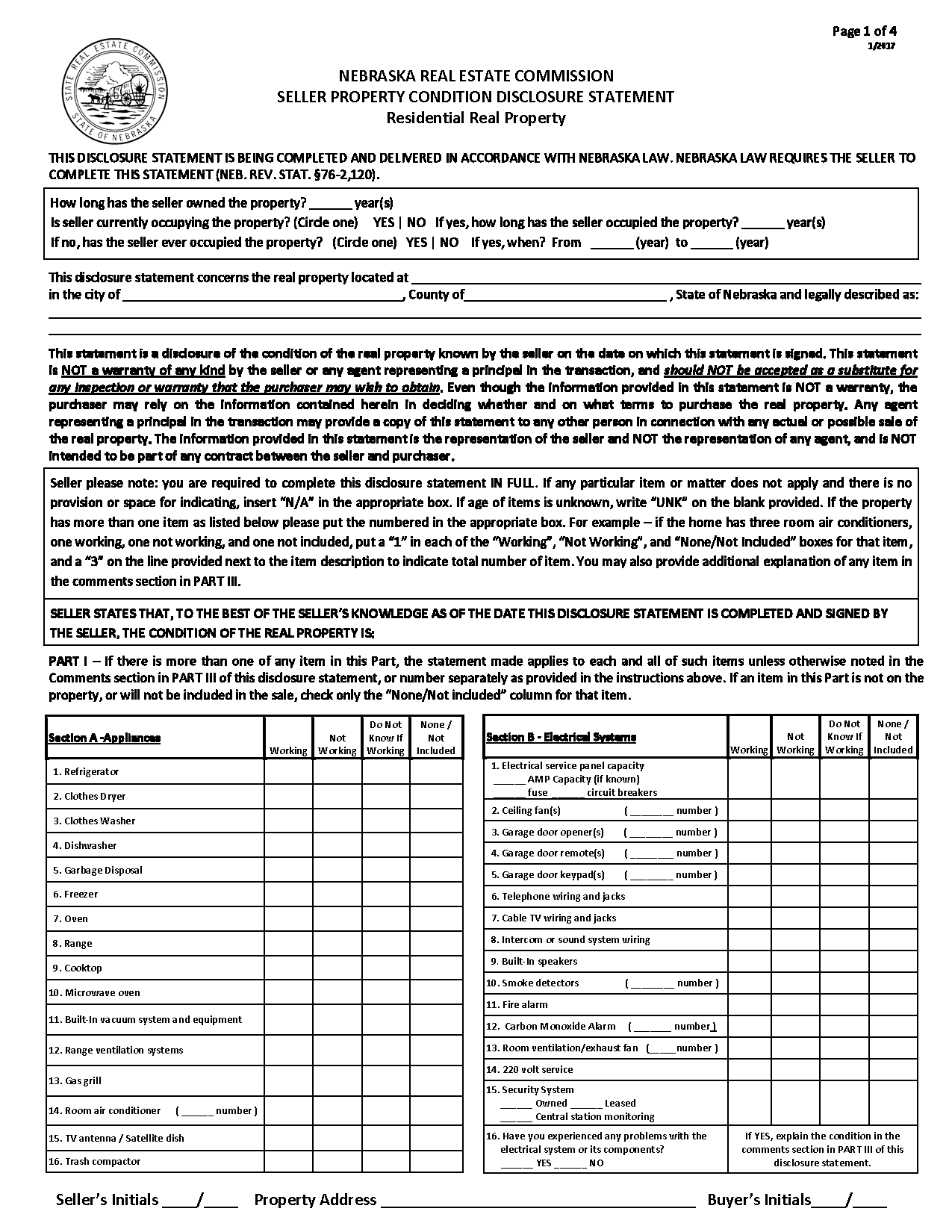 Free Nebraska Property Disclosure Statement PDF