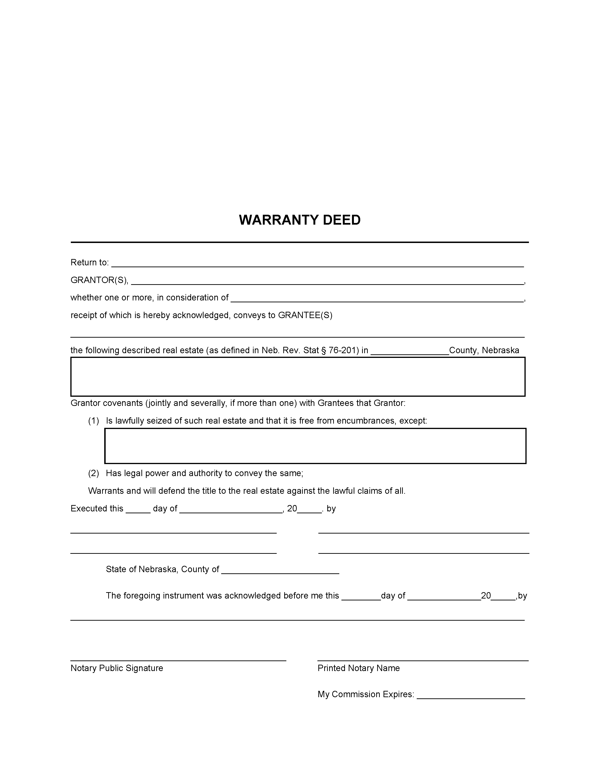 Free Nebraska General Warranty Deed Form PDF