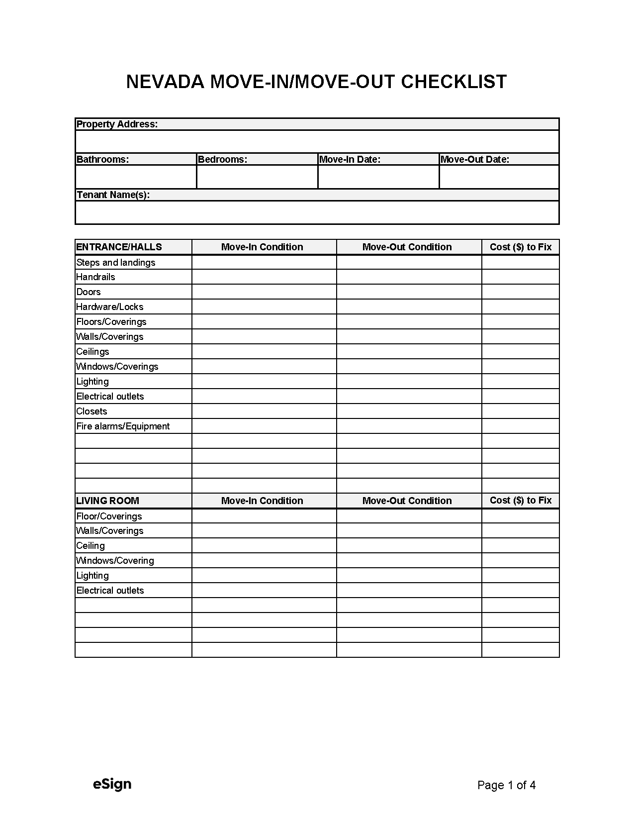 Free Nevada Movein/Moveout Checklist PDF Word