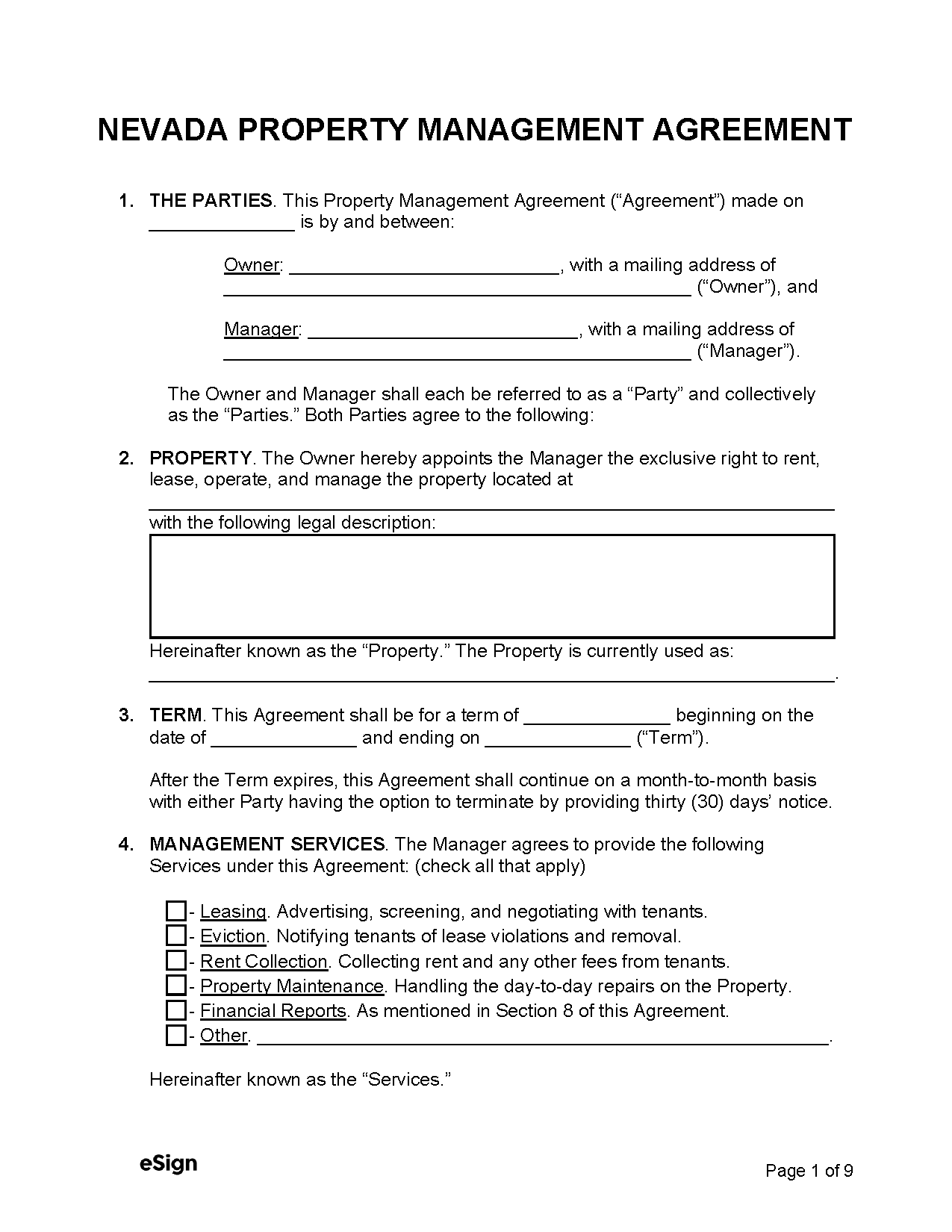 Free Nevada Property Management Agreement PDF Word