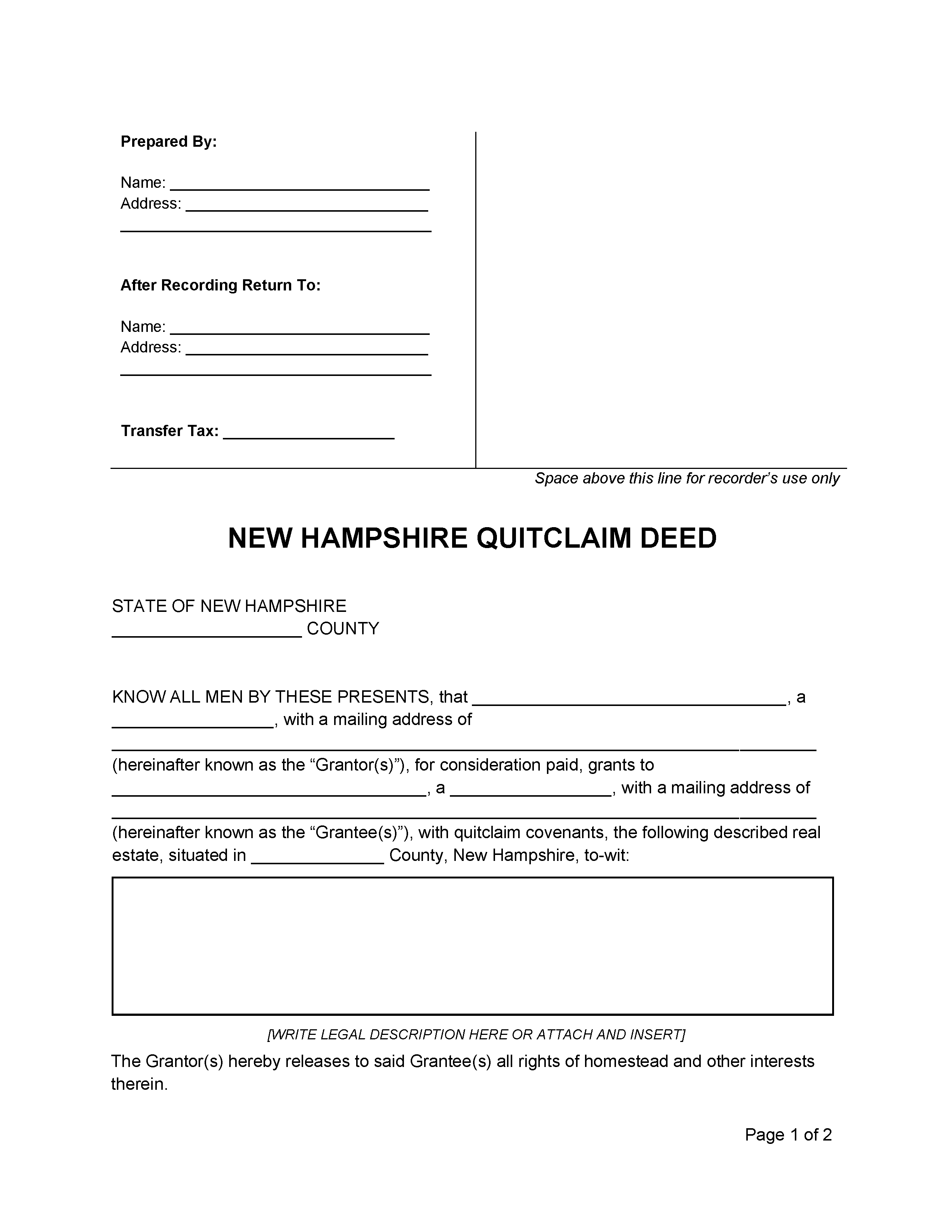 Free New Hampshire Quit Claim Deed Form PDF Word