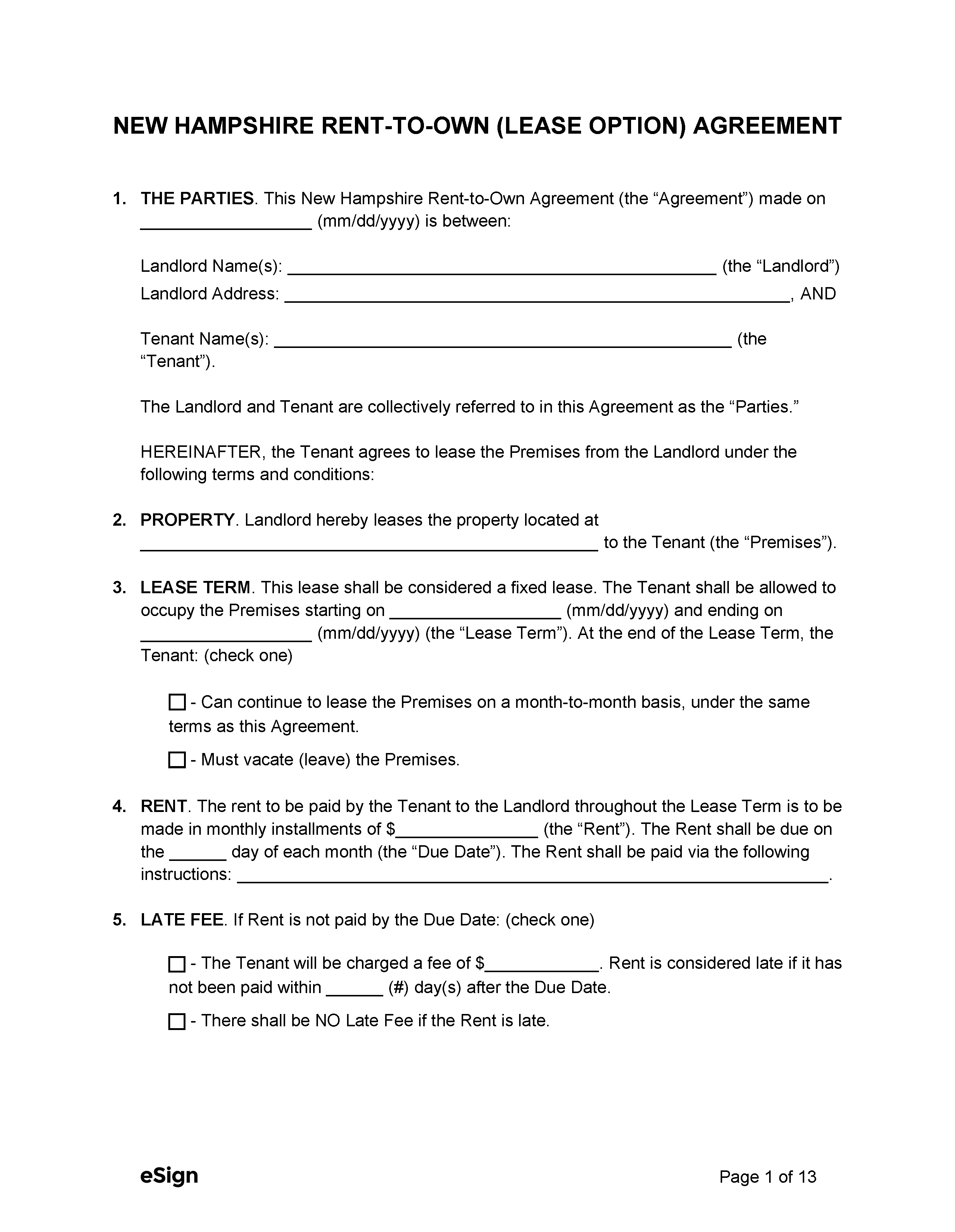 Free New Hampshire RenttoOwn (Lease Option) Agreement PDF Word
