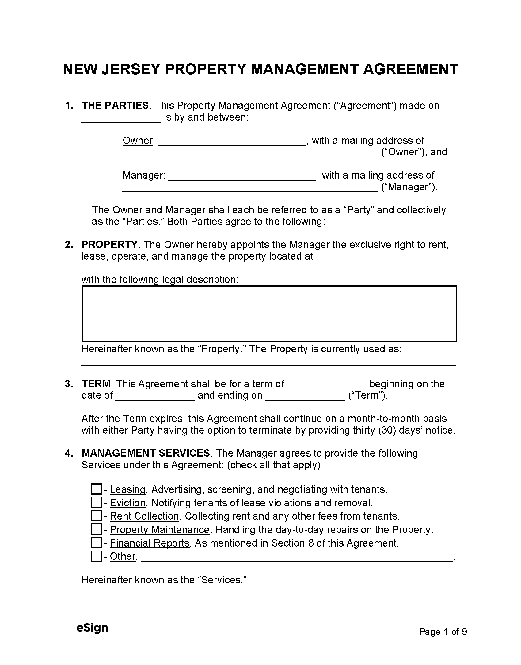 Free New Jersey Property Management Agreement PDF Word