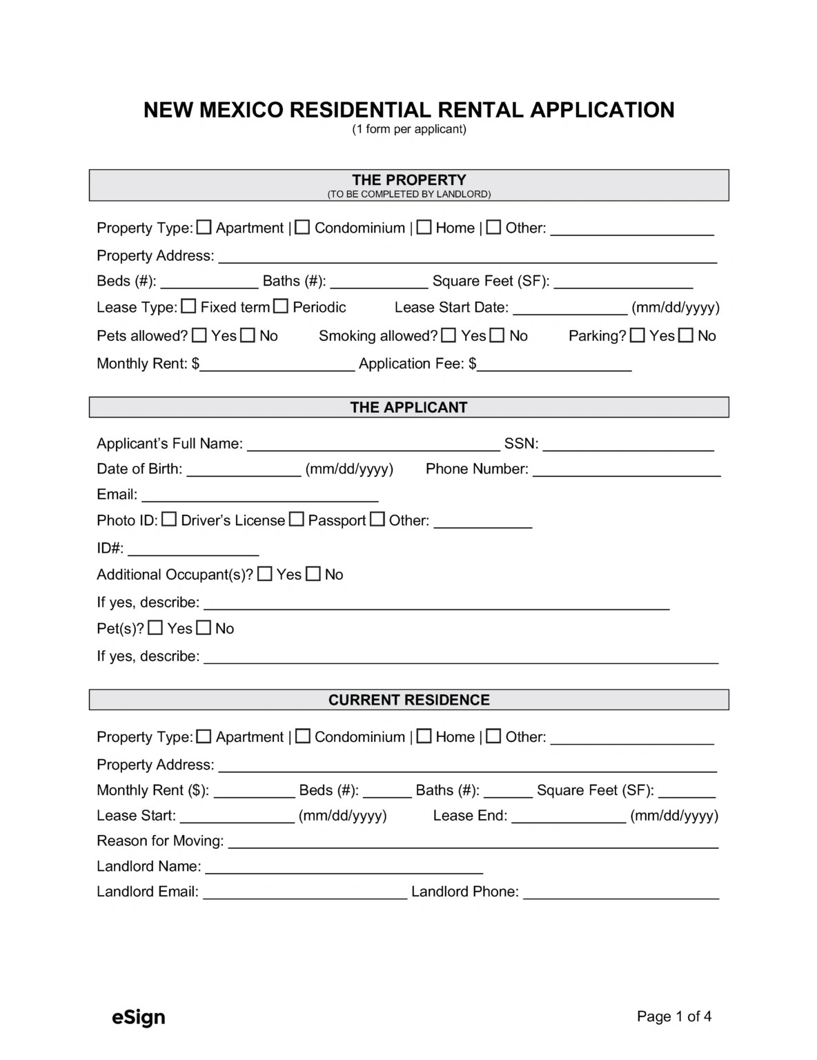 Free New Mexico Rental Application Form PDF Word