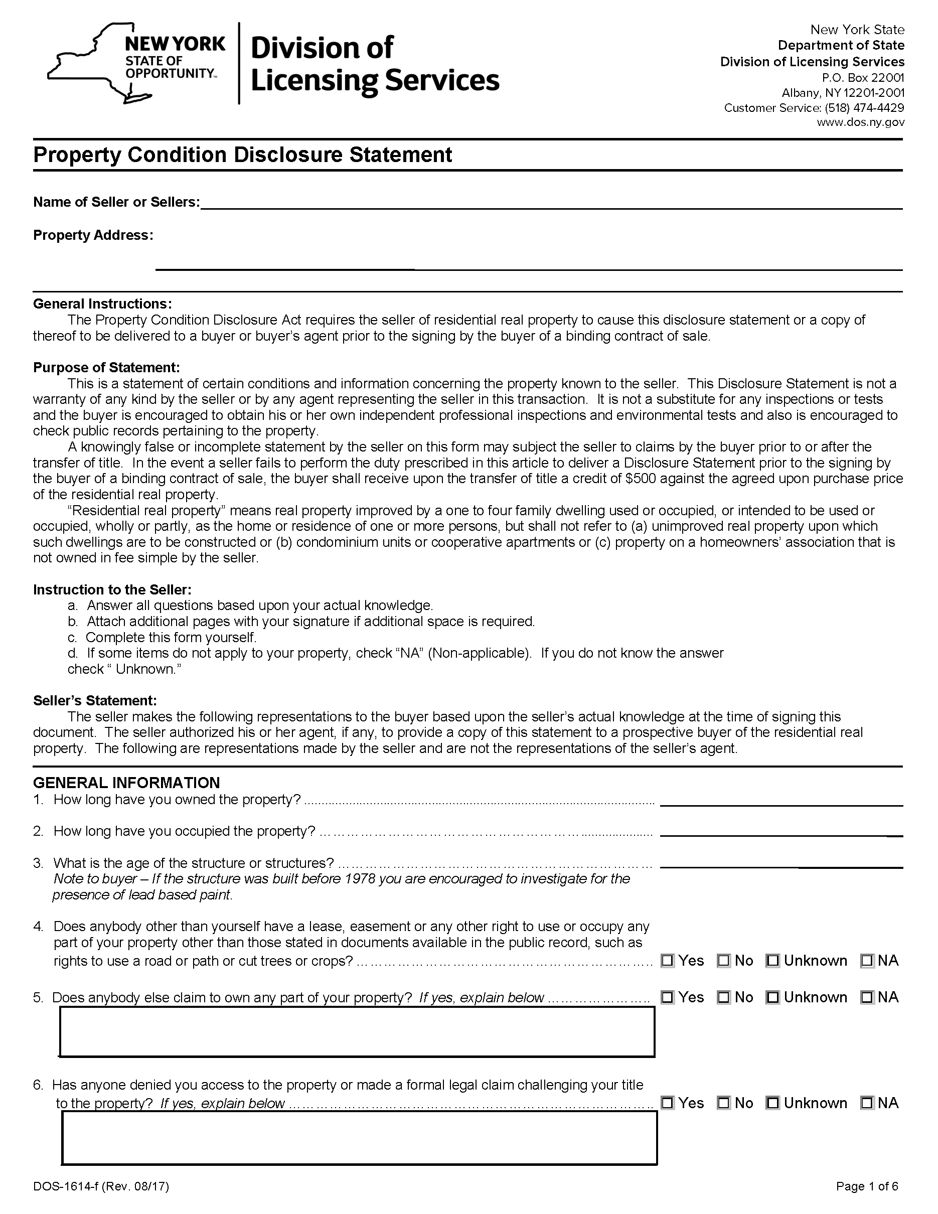 Free New York Property Disclosure Statement PDF