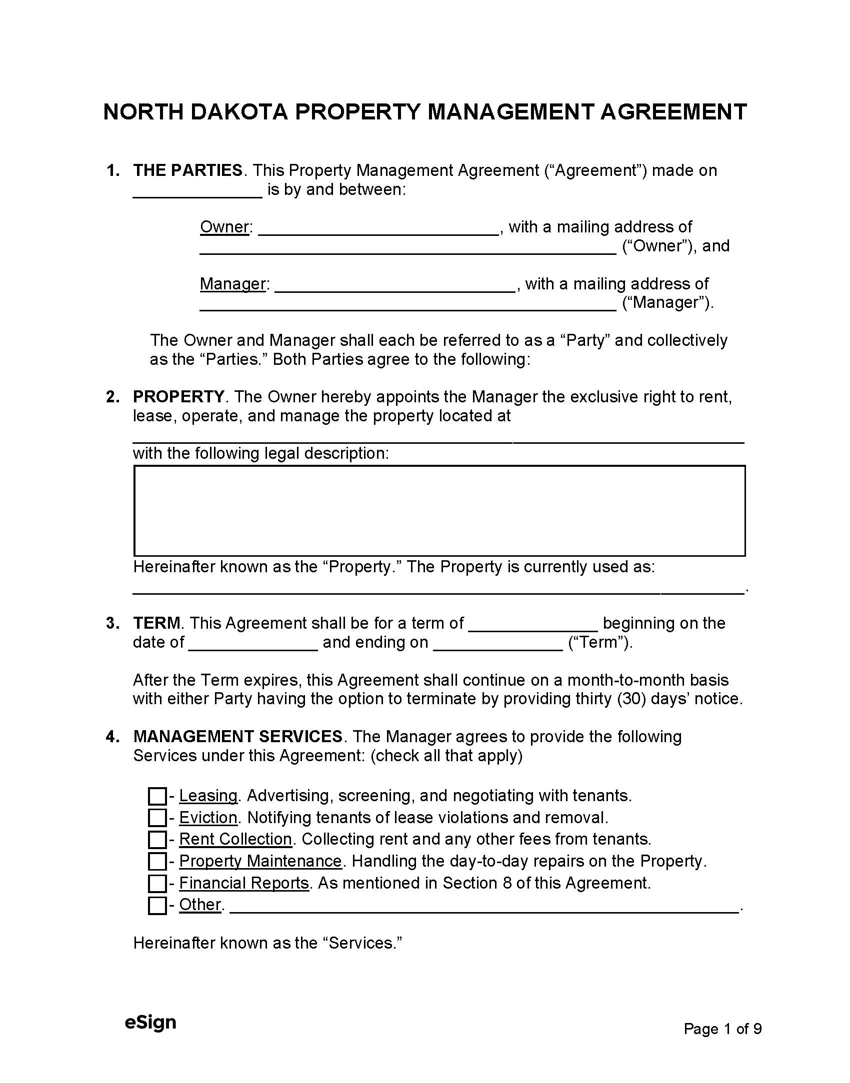 Free North Dakota Property Management Agreement PDF Word