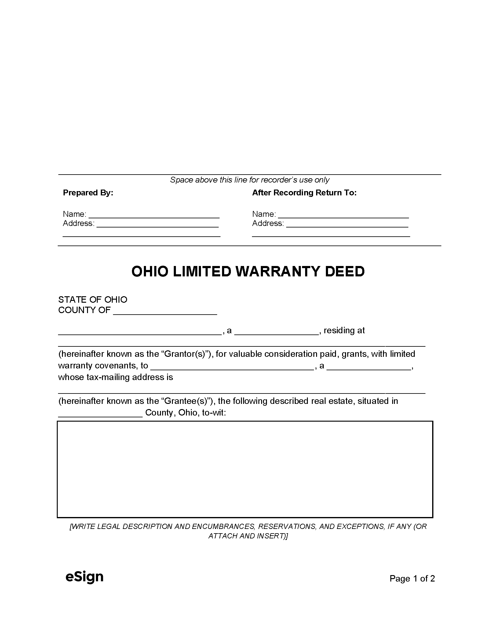 Free Ohio Limited (Special) Warranty Deed Form PDF Word