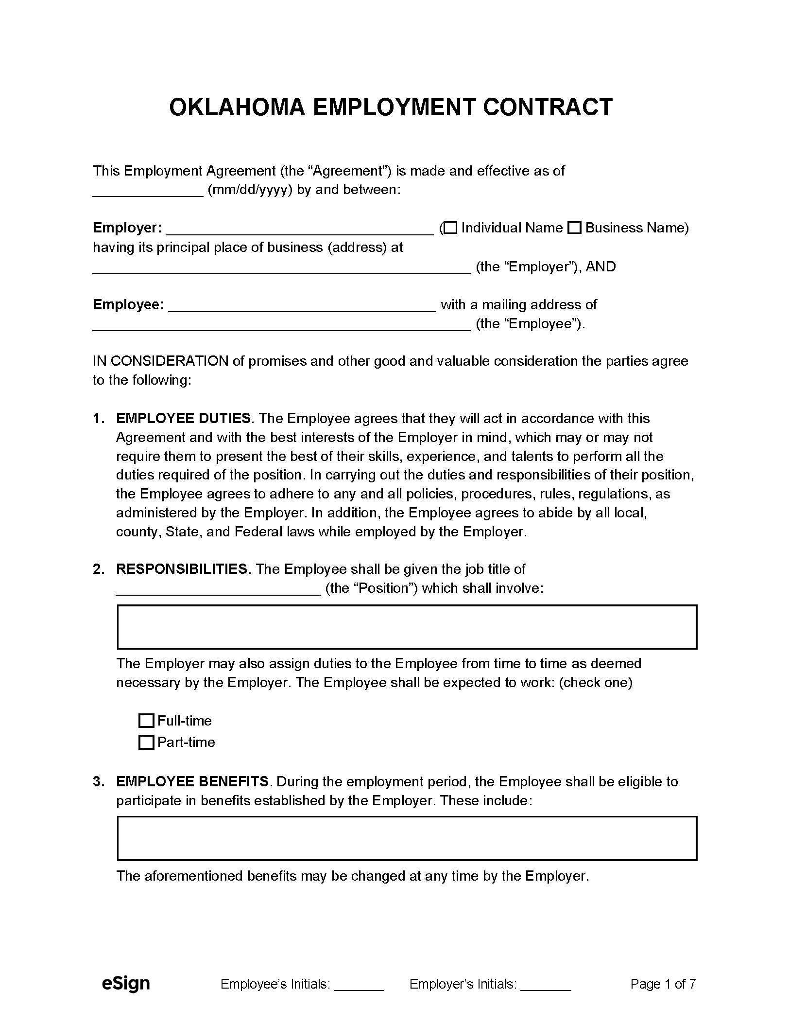 Free Oklahoma Employment Contract Templates PDF Word