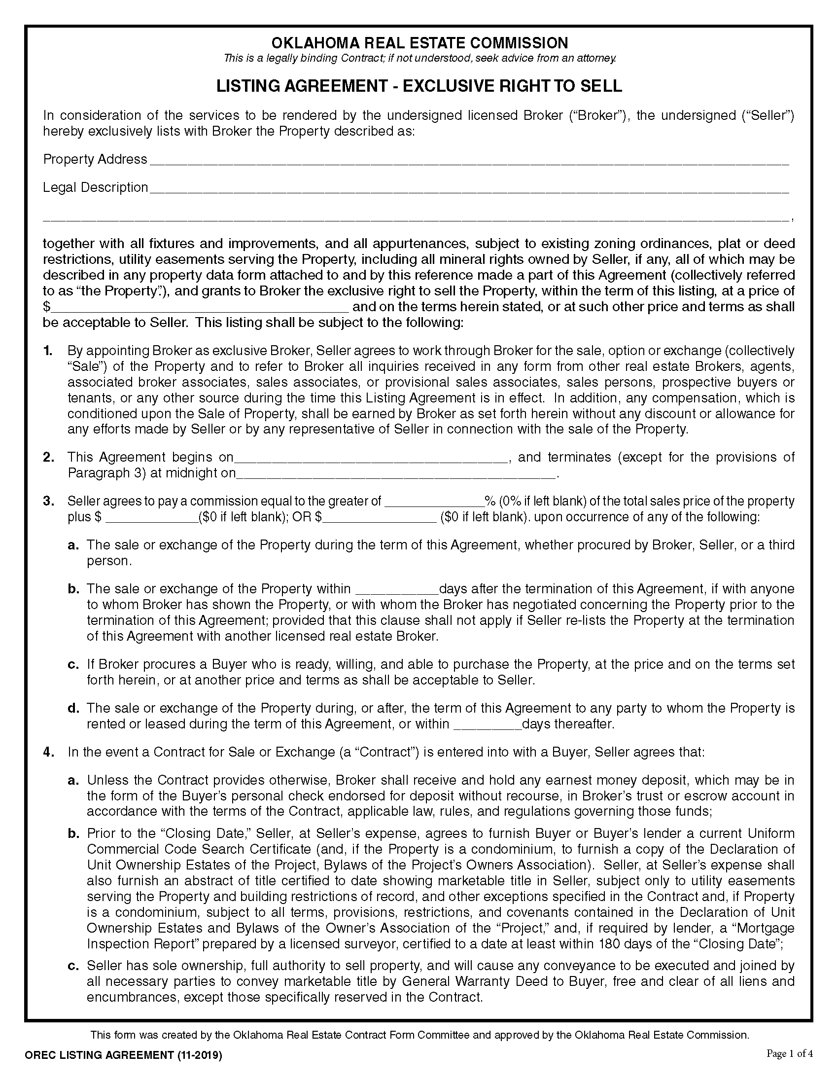 Free Oklahoma Real Estate Listing Agreement PDF Word