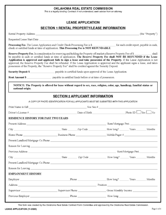 Free Oklahoma Rental Application Form PDF Word
