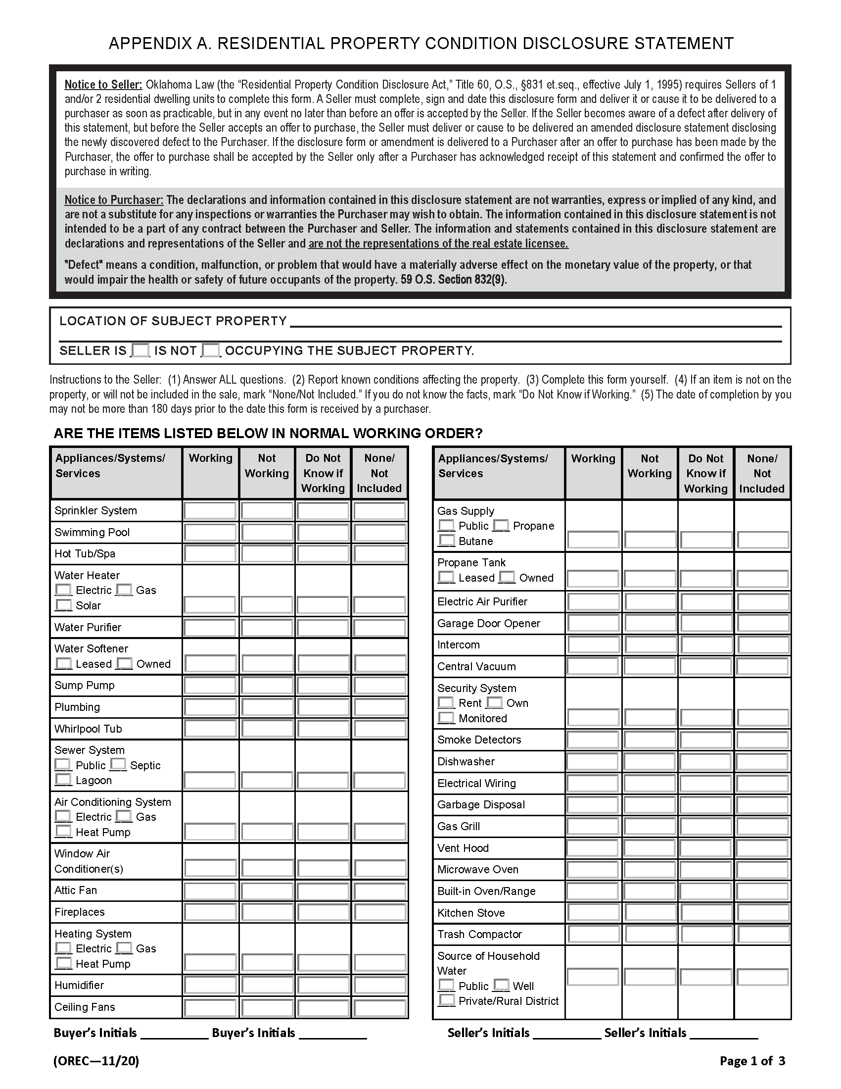 Free Oklahoma Property Disclosure Statement PDF