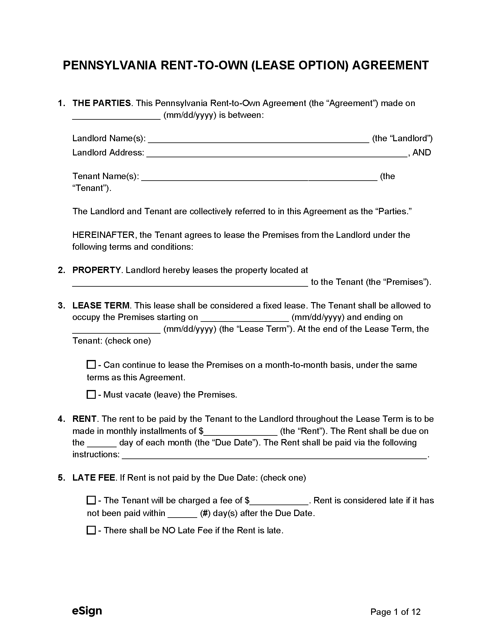 Free Pennsylvania RenttoOwn (Lease Option) Agreement PDF Word