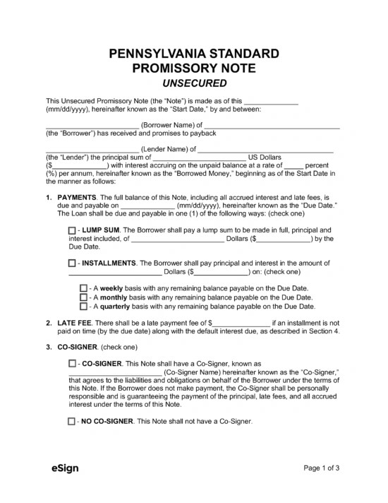 Free Pennsylvania Unsecured Promissory Note Template PDF Word