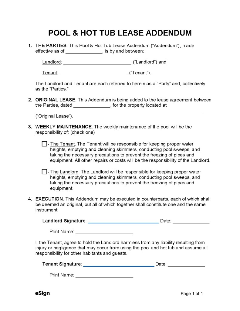 Free Pool & Hot Tub Lease Addendum Form PDF Word