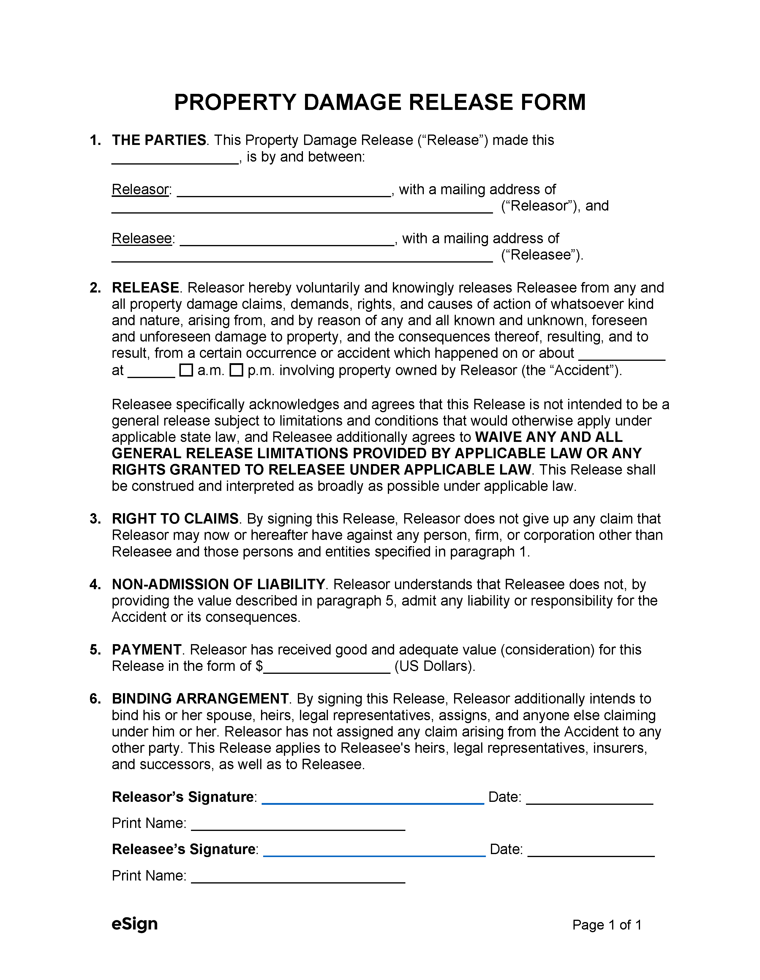 Property Damage Release Form Property Damage Release Of Liability Form