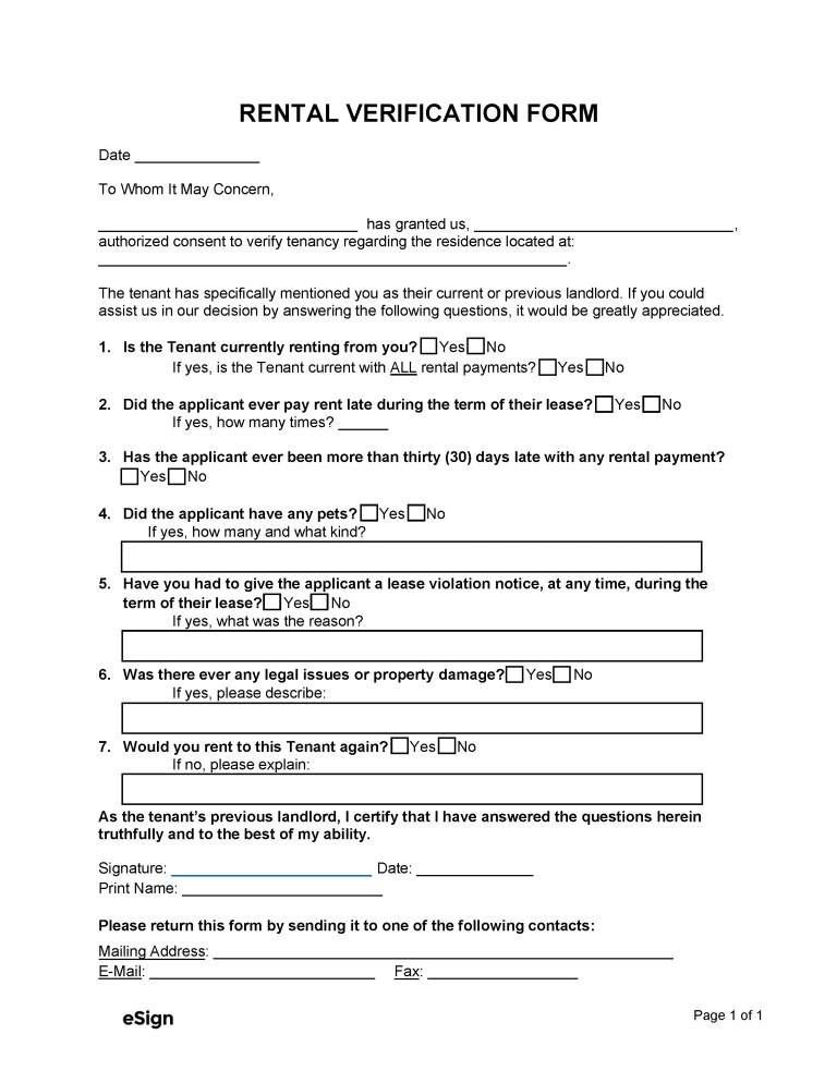 Free Rental (Tenant) Verification Form PDF Word