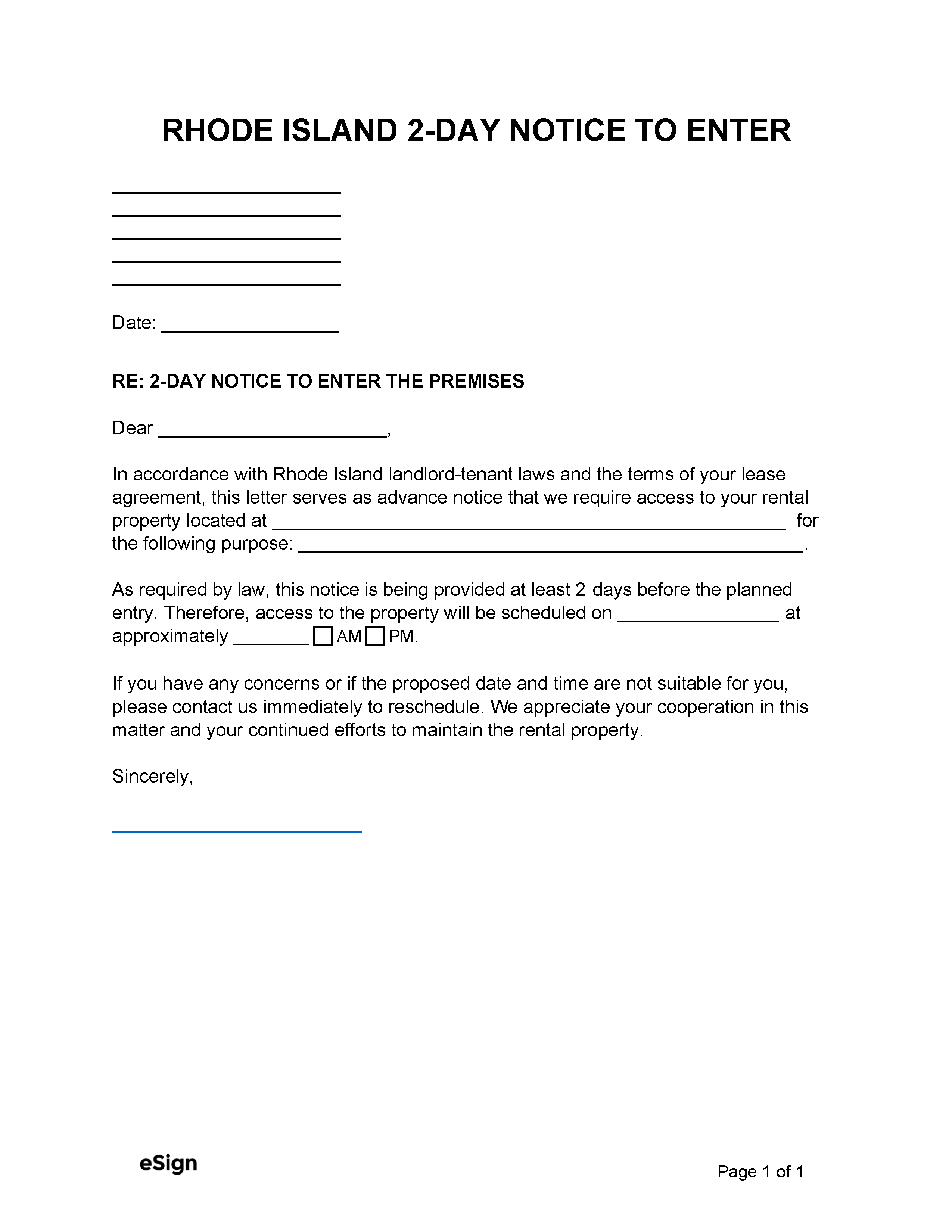 Free Rhode Island Landlord Notice to Enter 2Day PDF Word