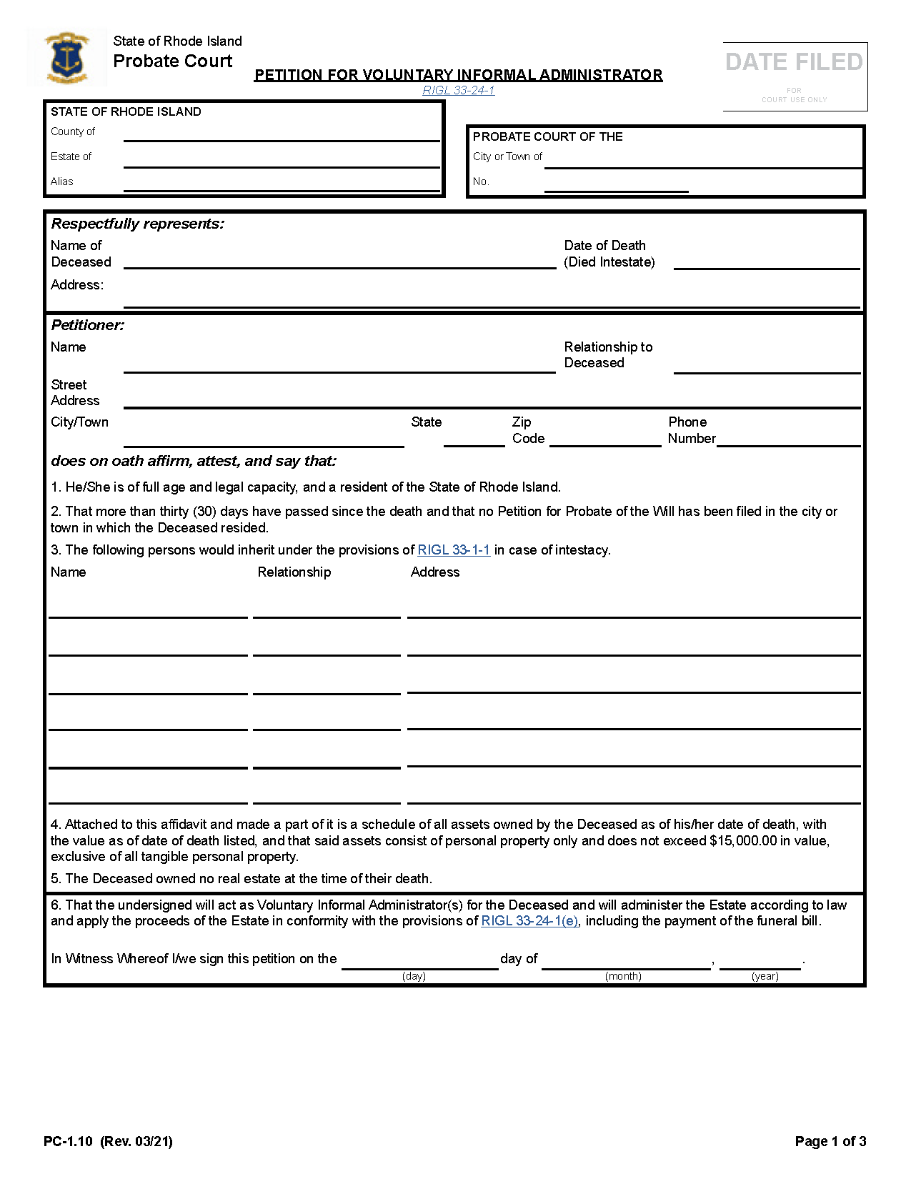 Free Rhode Island Small Estate Affidavit Form PDF Word