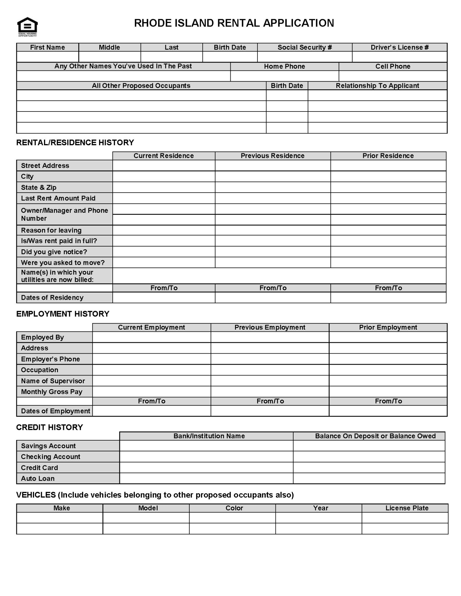 Free Rhode Island Rental Application Form Template PDF Word