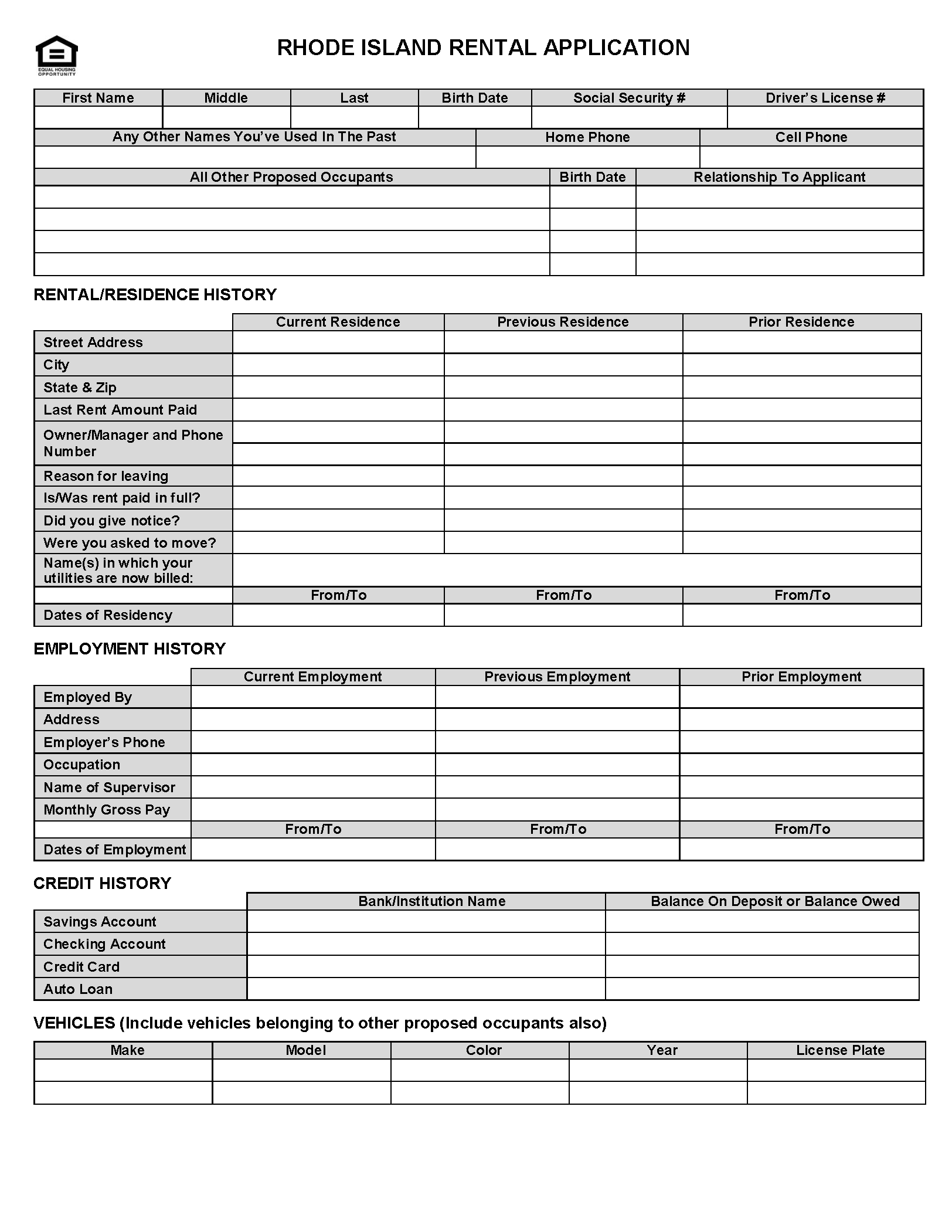 Free Rhode Island Rental Application Form Template PDF Word