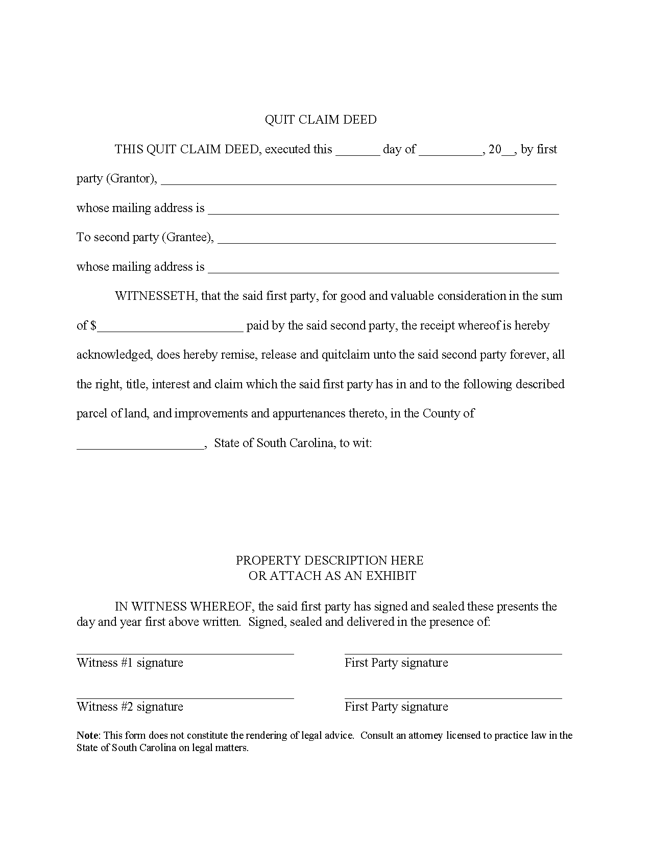 Free South Carolina Quit Claim Deed Form PDF