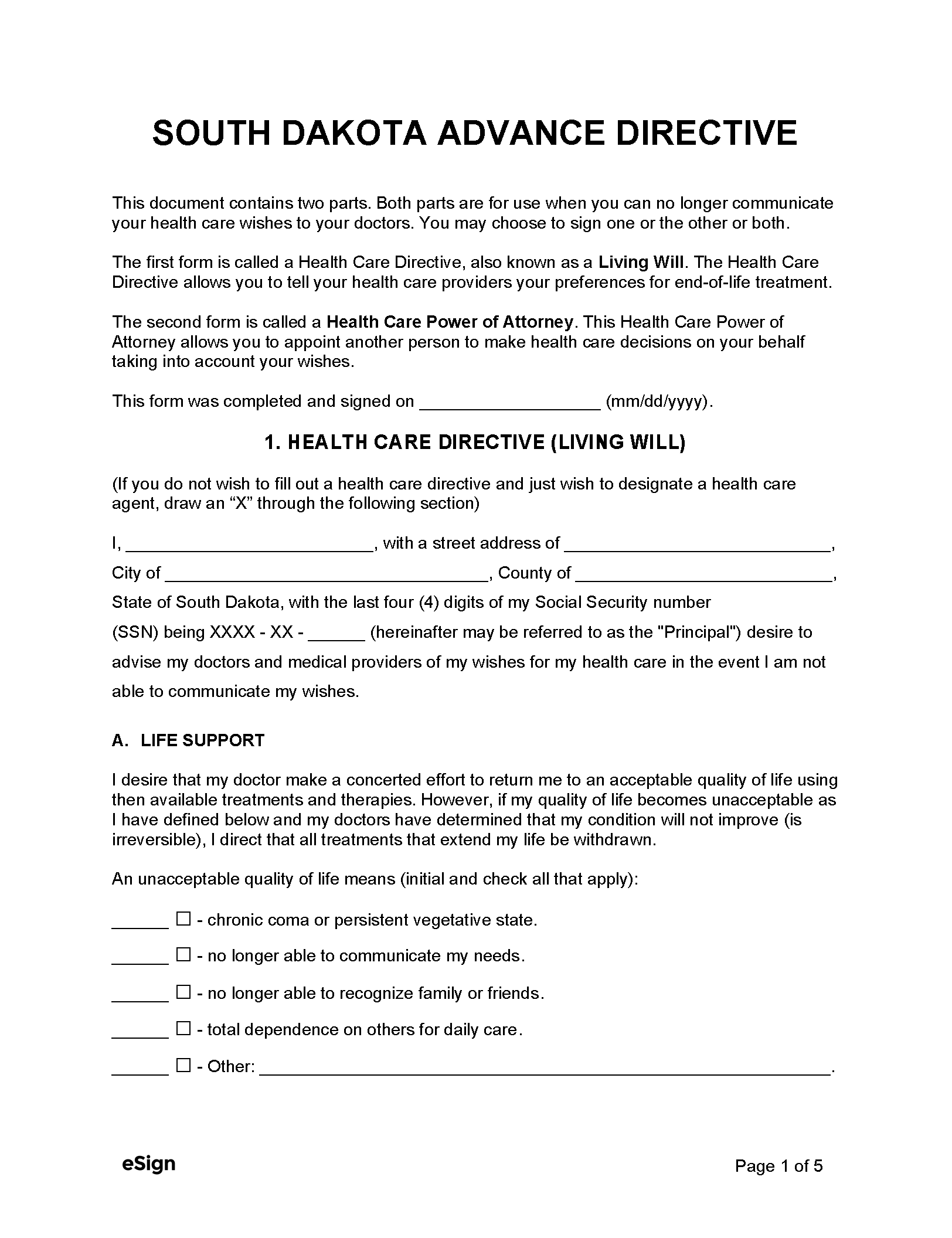 Free South Dakota Advance Directive Form PDF Word