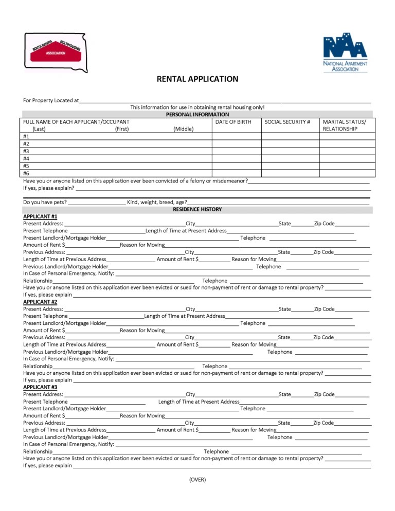 Free South Dakota Rental Application Form Template PDF Word