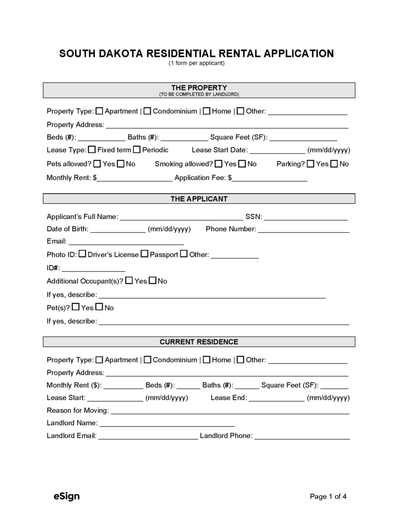 Free South Dakota Rental Application Form Template PDF Word