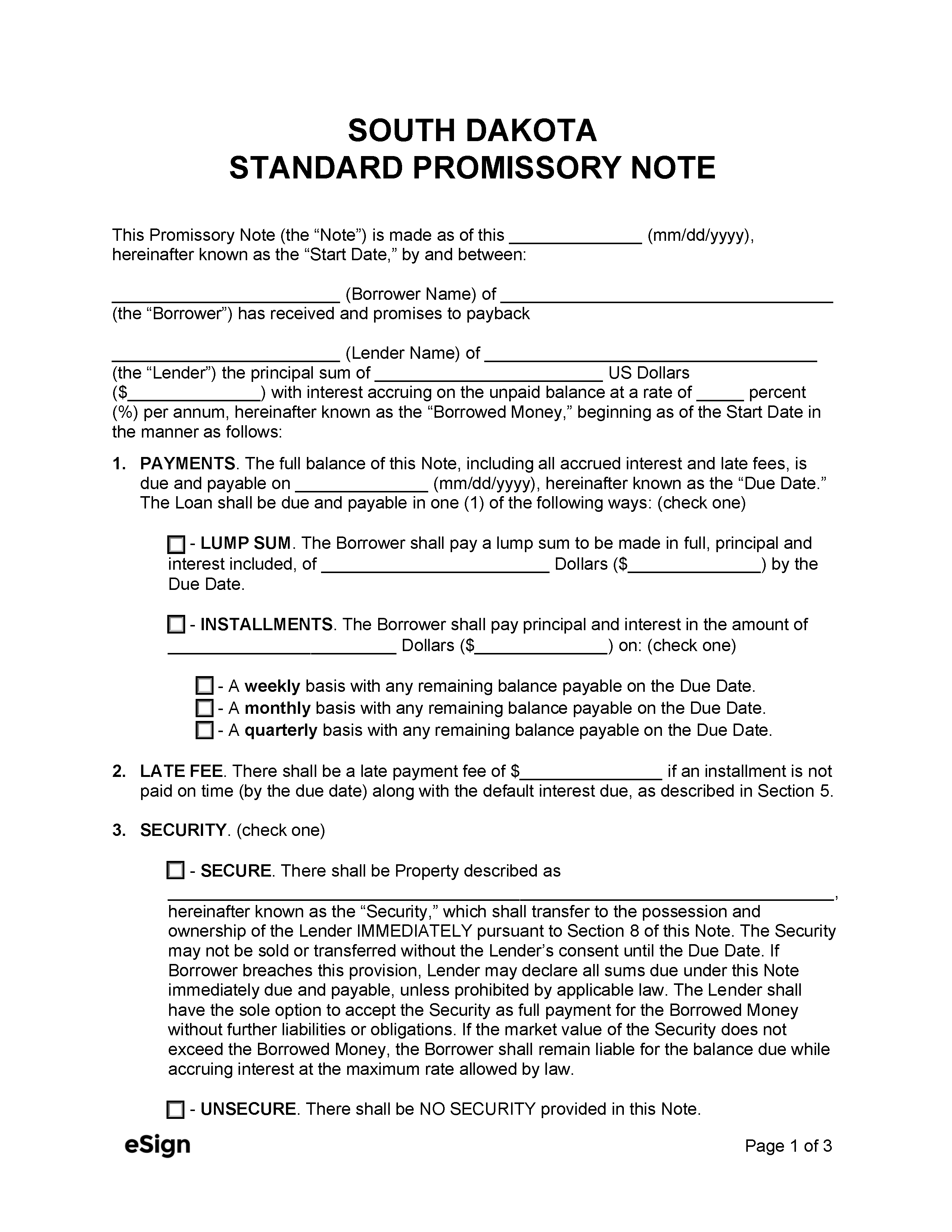 Free South Dakota Promissory Note Template PDF Word