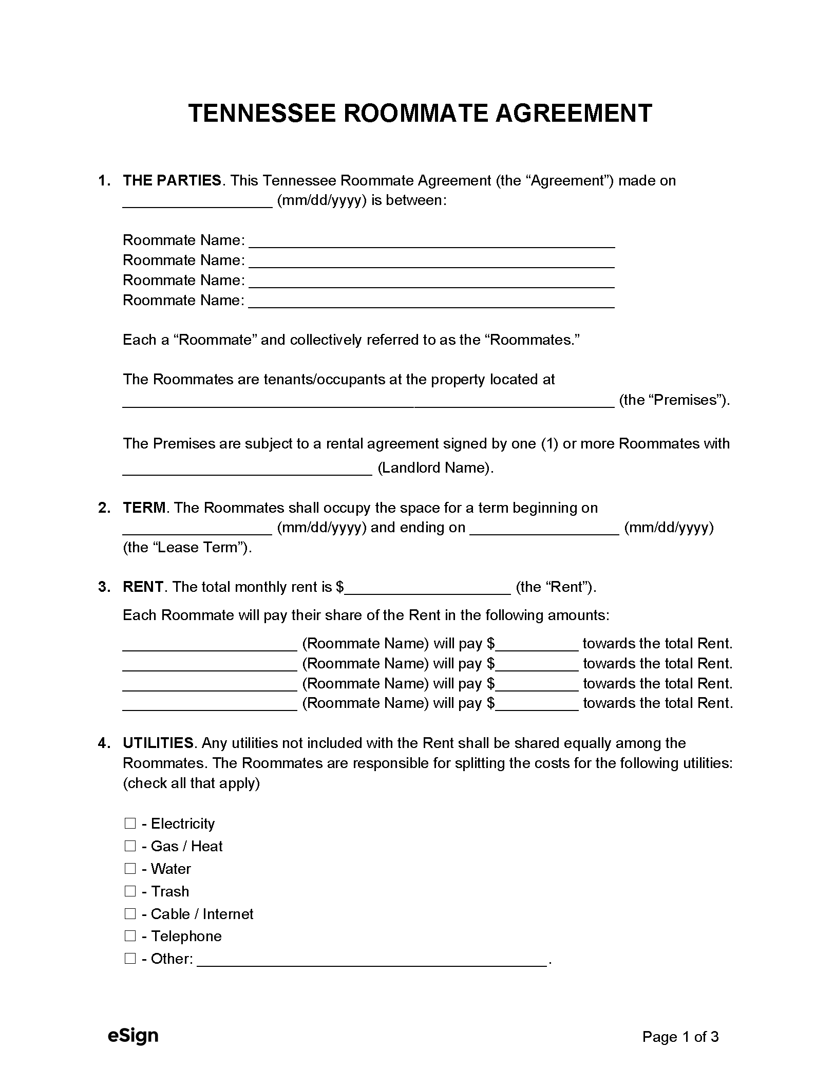 Free Tennessee Roommate Agreement Template PDF Word