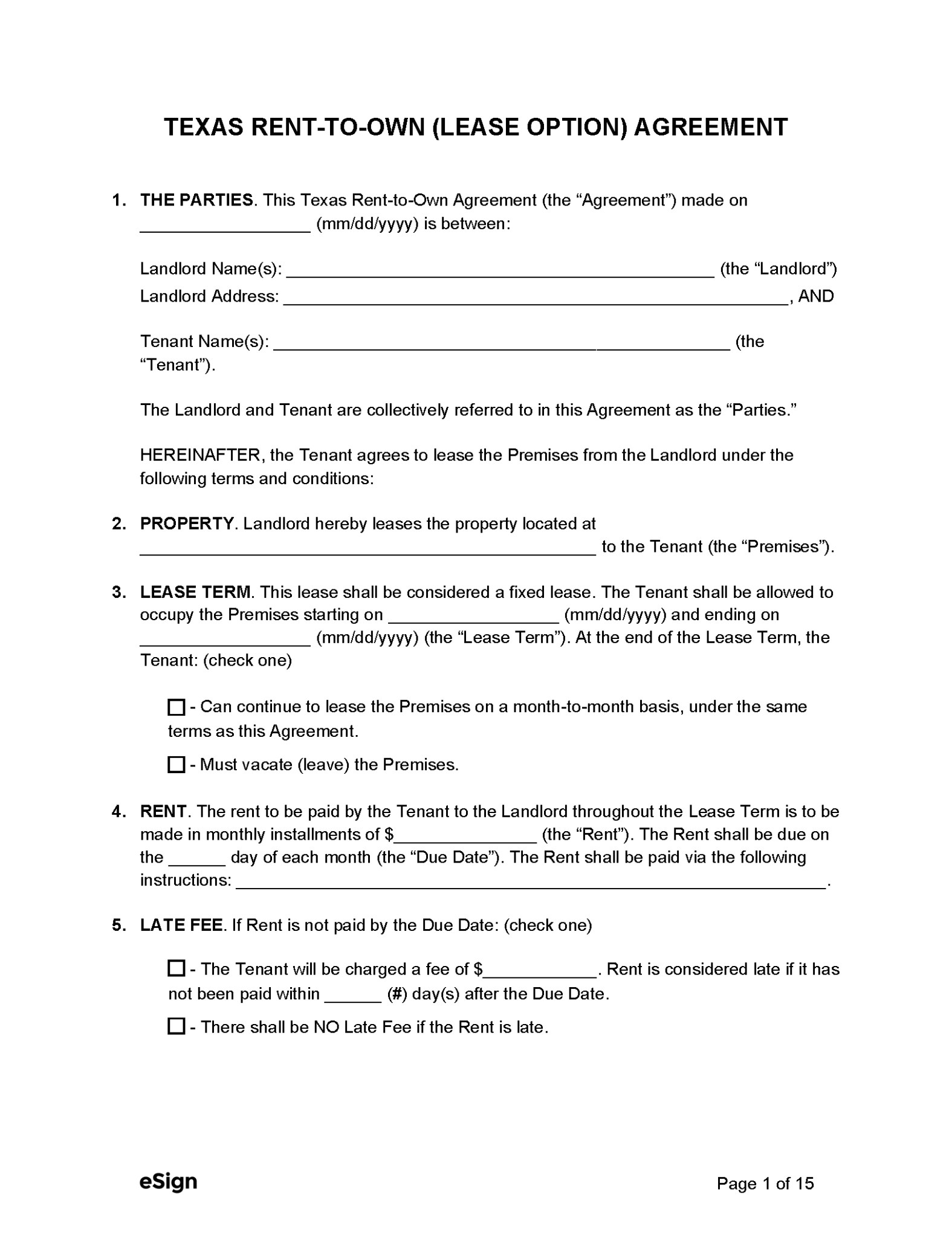 Free Texas RenttoOwn (Lease Option) Agreement PDF
