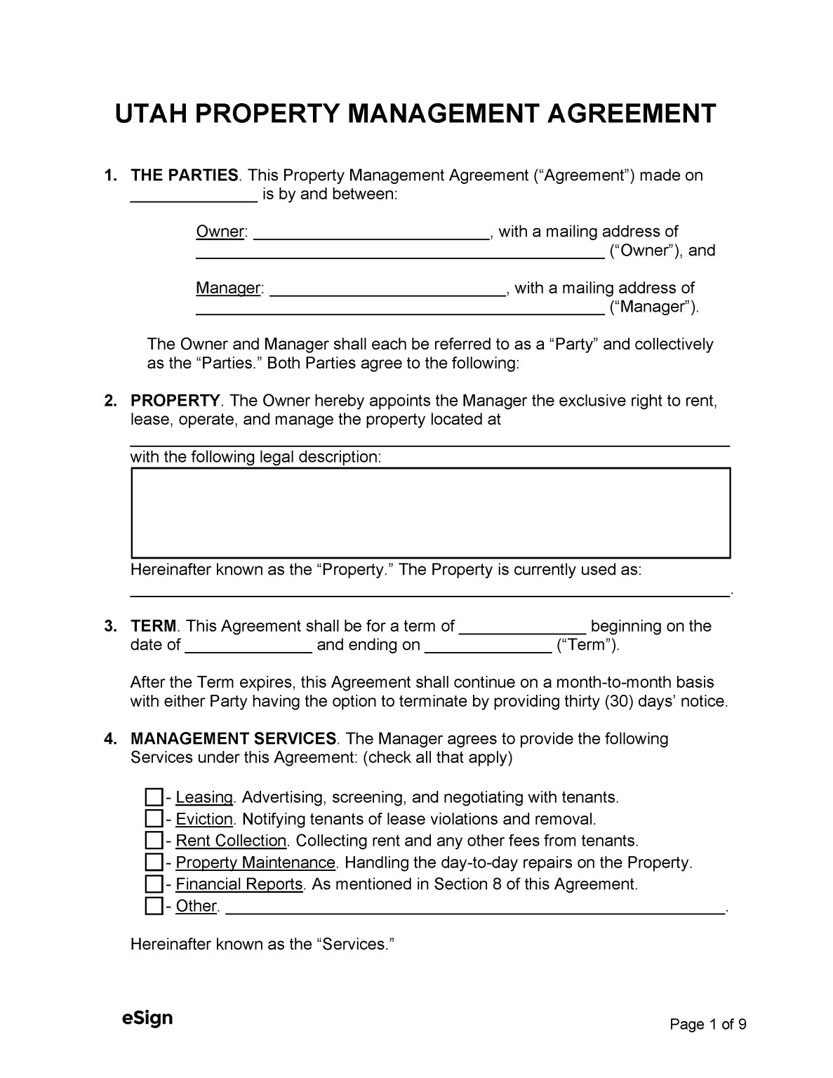 Free Utah Property Management Agreement PDF Word