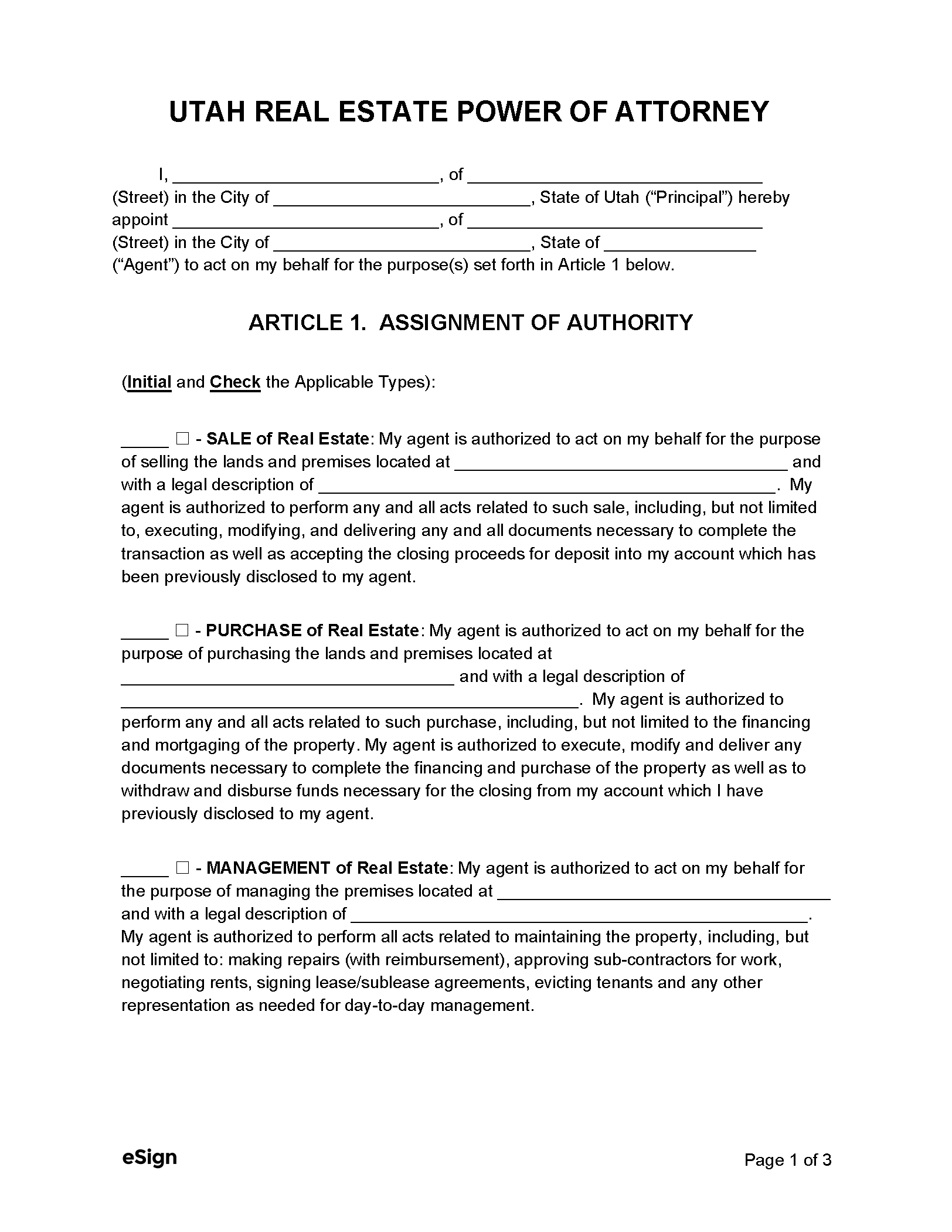 Free Utah Real Estate Power of Attorney Form PDF Word