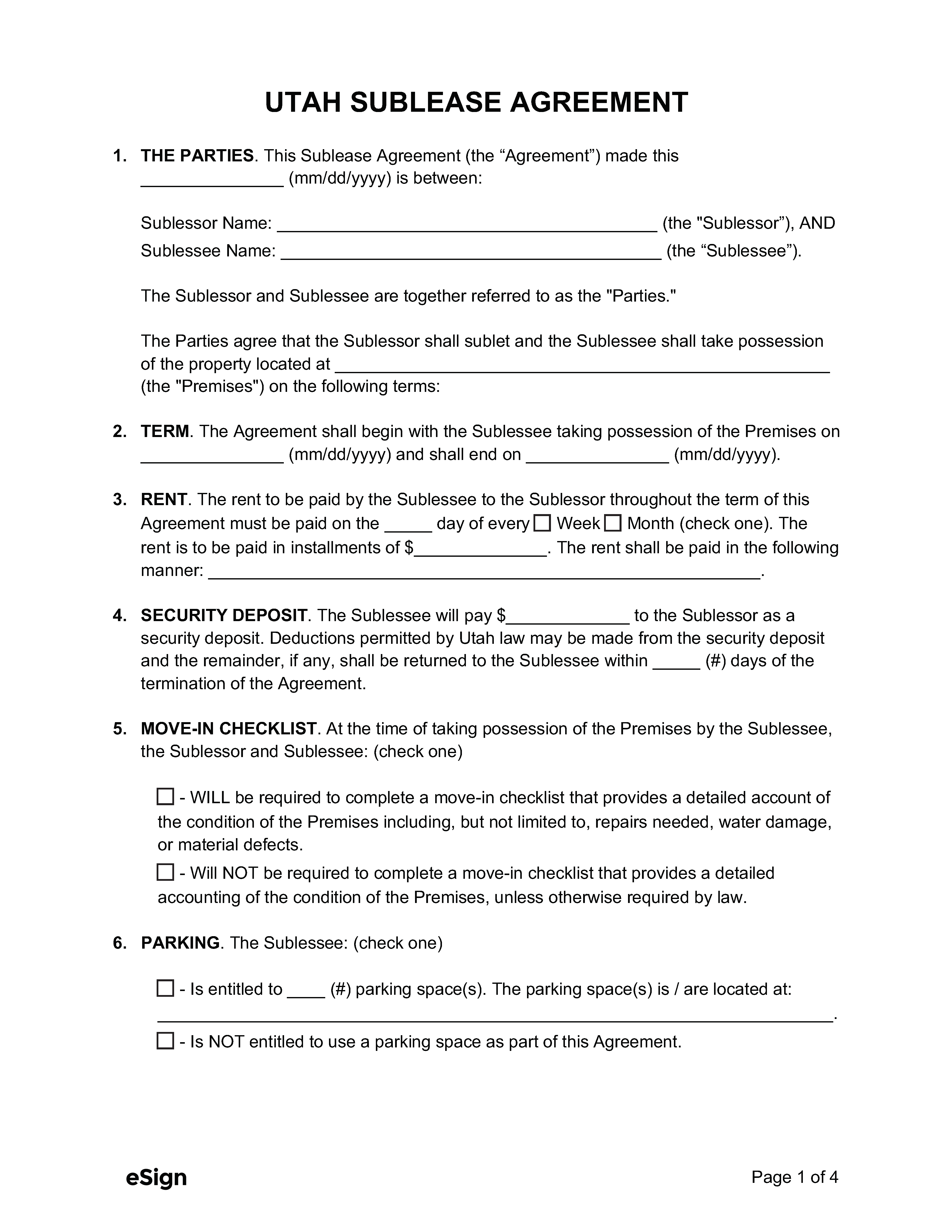 Free Utah Sublease Agreement Template PDF Word
