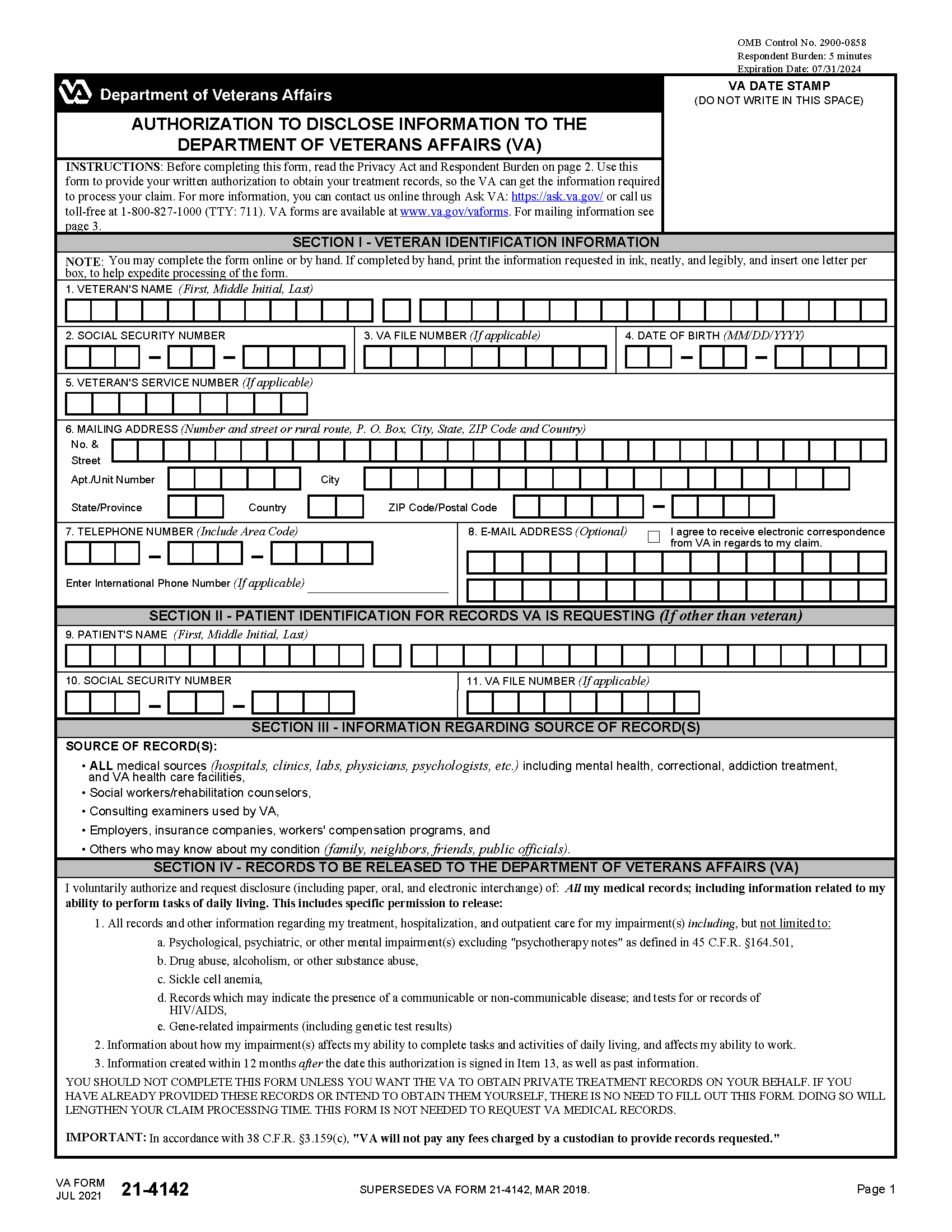 Free VA Form 214142 (and 214142a) PDF