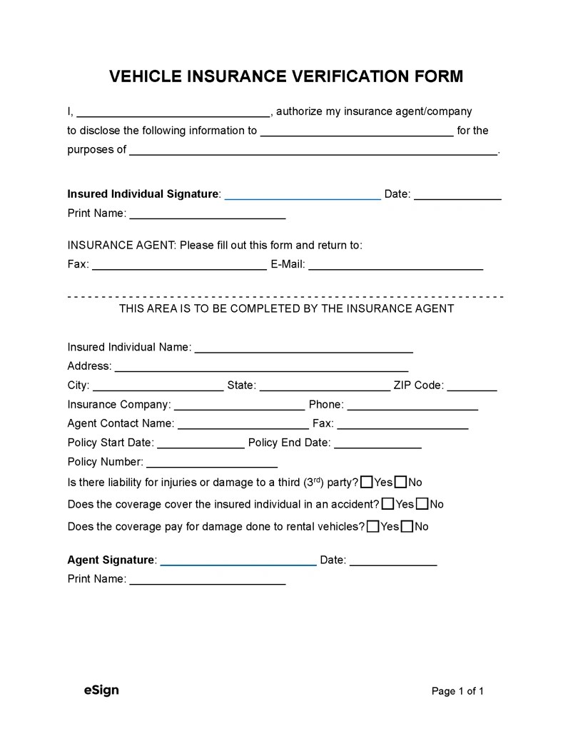 Free Vehicle (Auto) Insurance Verification Form PDF Word
