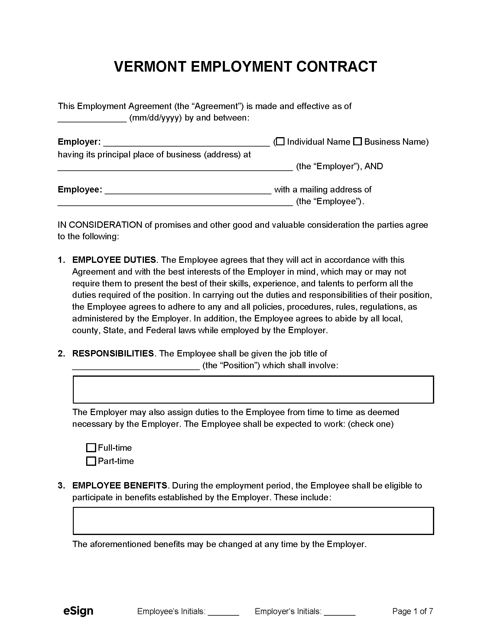 Free Vermont Employment Contract Templates PDF Word