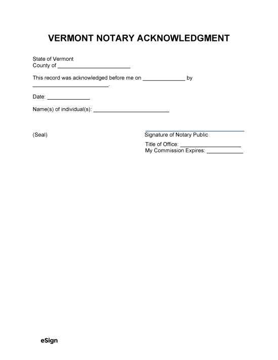 Free Vermont Notary Acknowledgment Form PDF Word