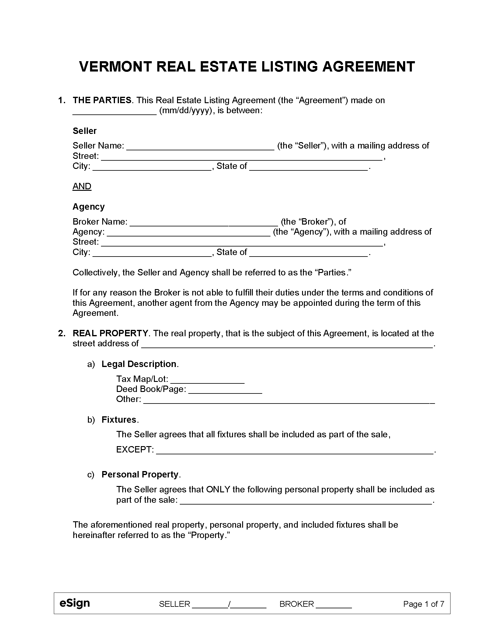 Free Vermont Real Estate Listing Agreement PDF Word
