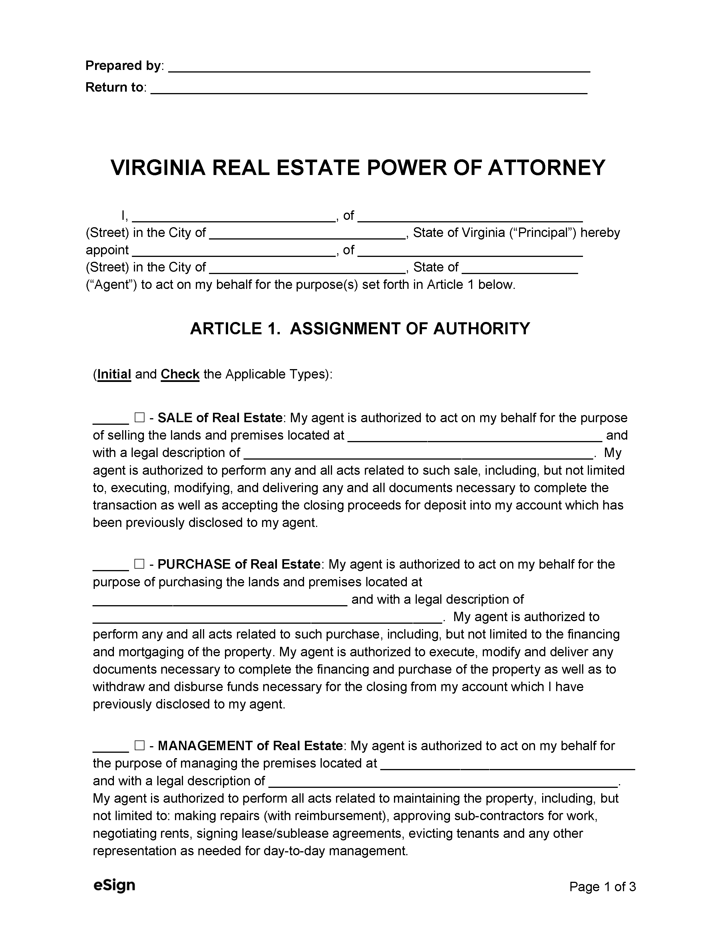 Free Virginia Real Estate Power of Attorney Form PDF Word