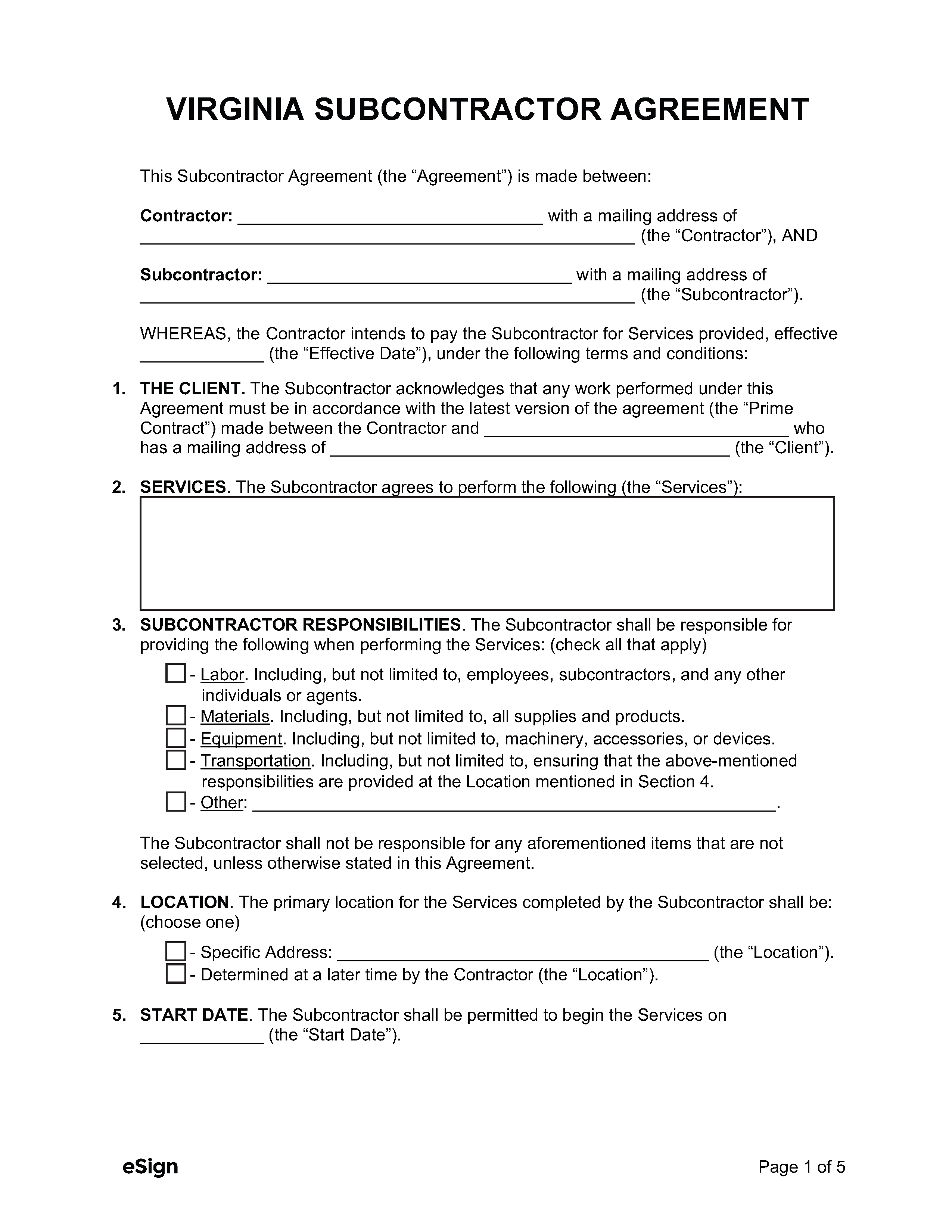 Free Virginia Subcontractor Agreement PDF Word