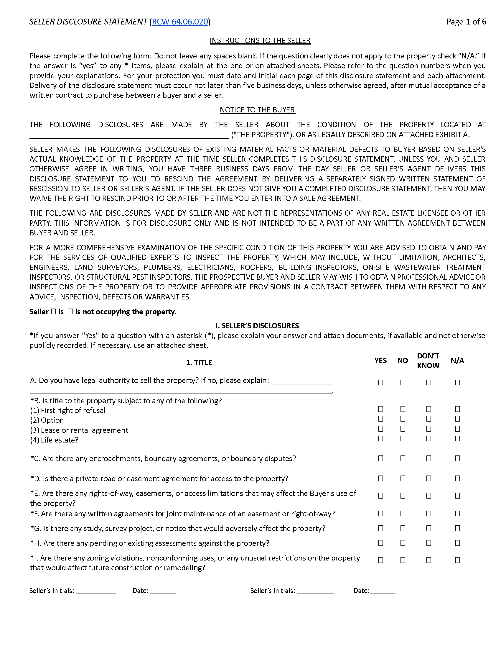 Free Washington Property Disclosure Statement PDF Word