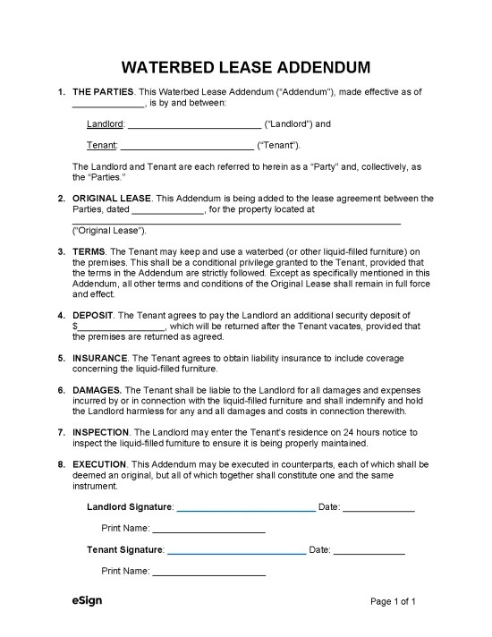 Free Waterbed Lease Addendum PDF Word