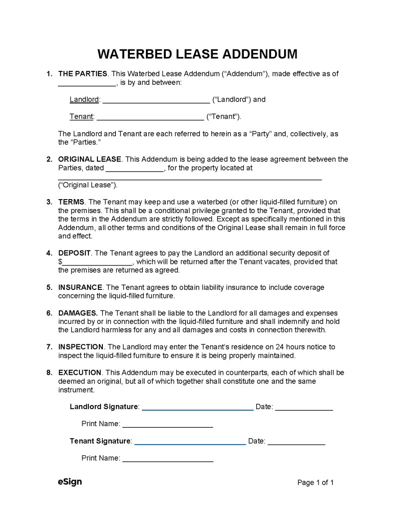 Free Waterbed Lease Addendum PDF Word