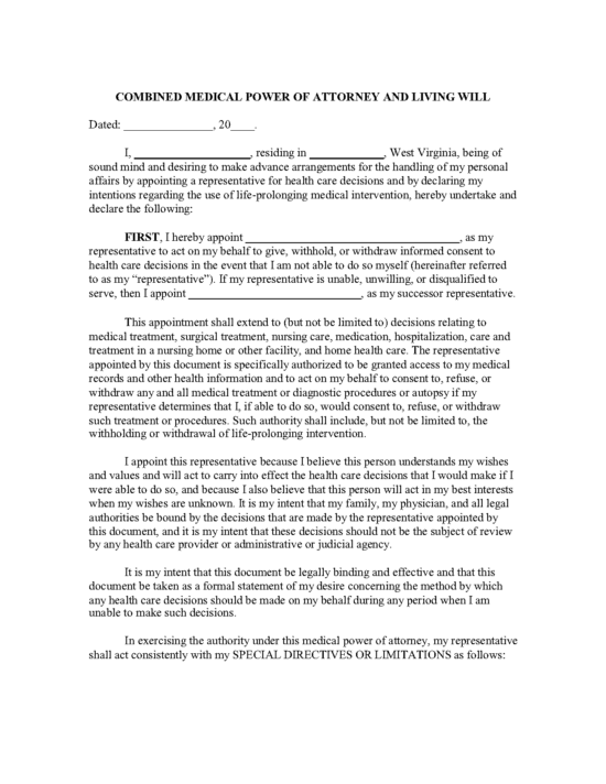 Free West Virginia Advance Directive Form PDF